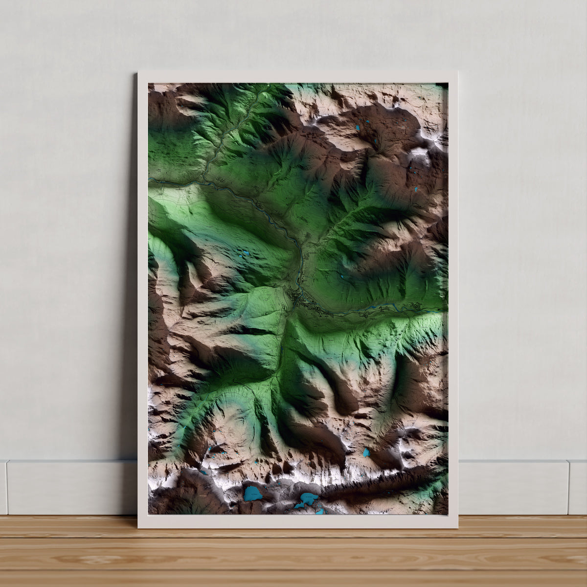 Mapa artístico del relieve de Vielha e Mijaran, al Aran, con 15 km de entorno y base topográfica ICGC. Presentación enmarcada.