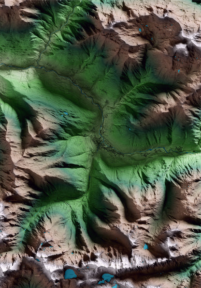 Mapa artístico del relieve de Vielha e Mijaran, al Aran, con 15 km de entorno y base topográfica ICGC