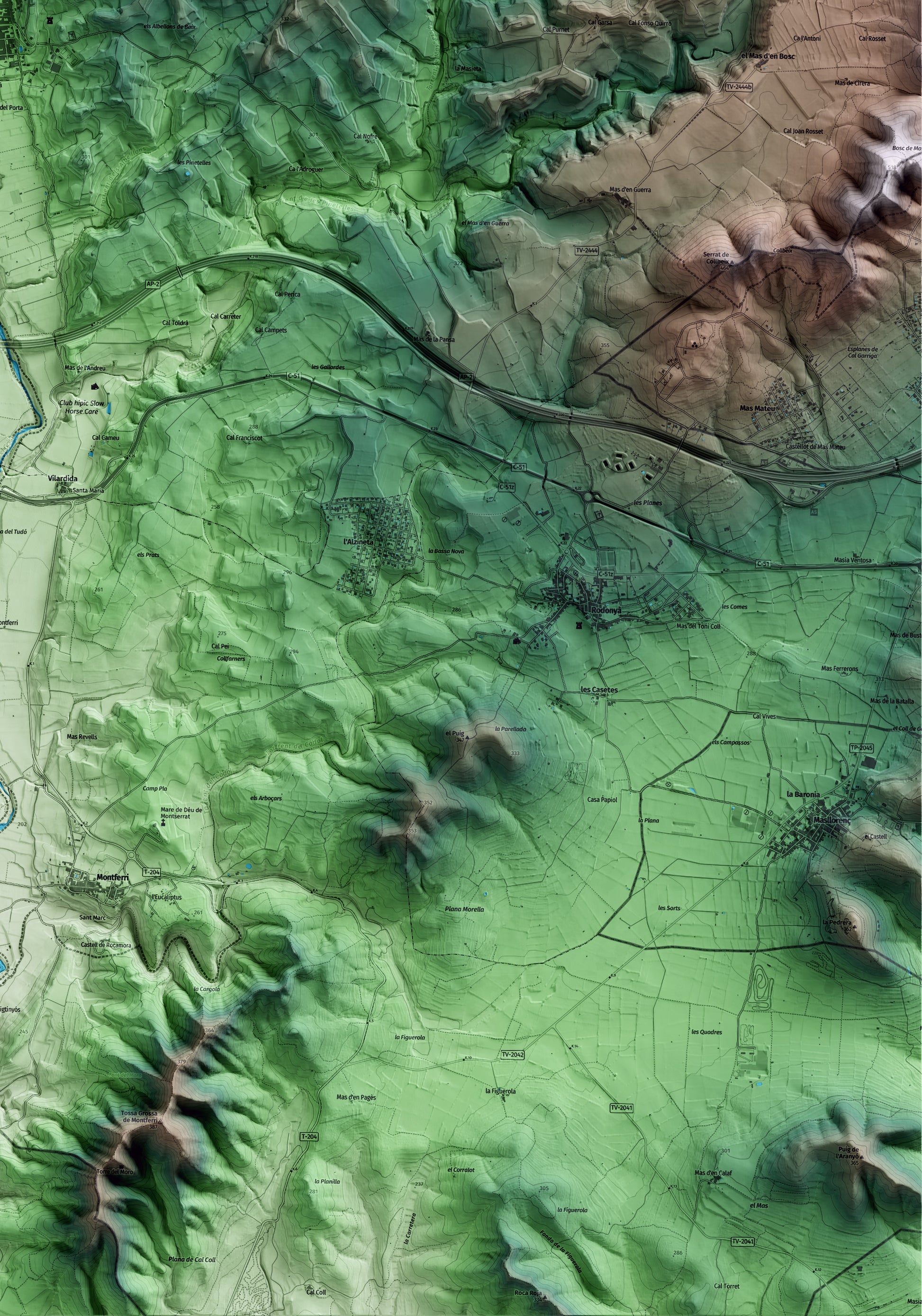 Mapa artístico del relieve de Vila-rodona, al Alt Camp, con 15 km de entorno y base topográfica ICGC. Detalle de la zona inferior derecha.