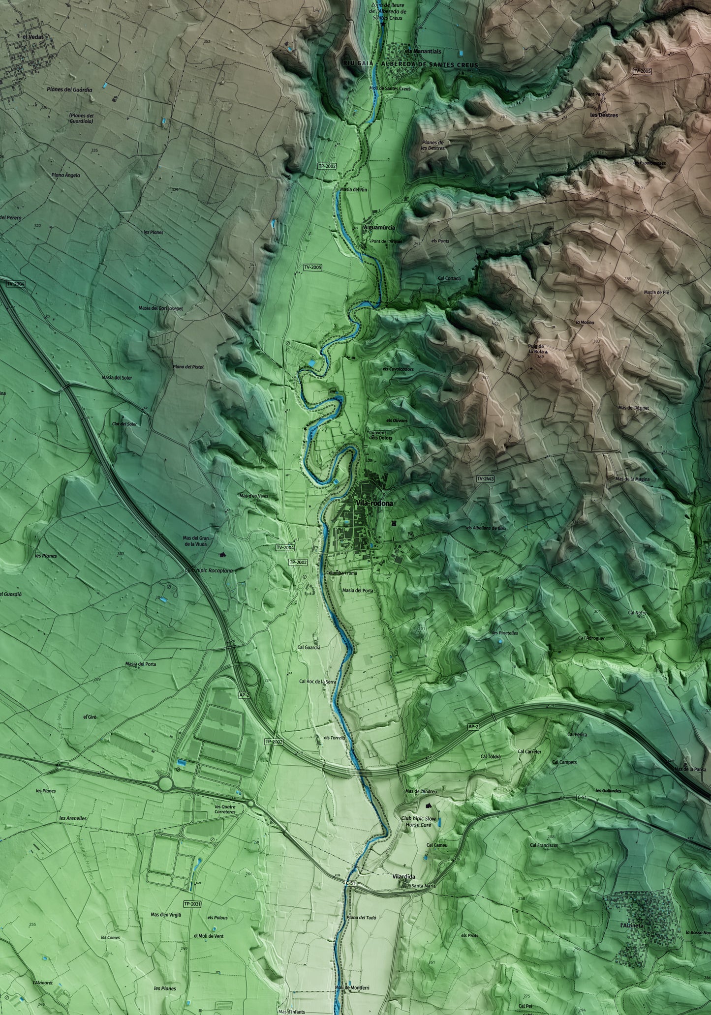 Mapa artístico del relieve de Vila-rodona, al Alt Camp, con 15 km de entorno y base topográfica ICGC. Detalle de la zona central.