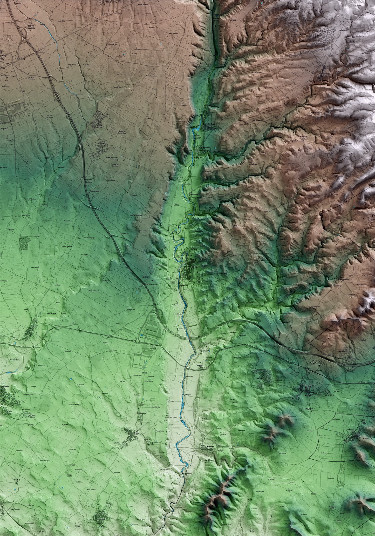 Mapa artístico del relieve de Vila-rodona, al Alt Camp, con 15 km de entorno y base topográfica ICGC