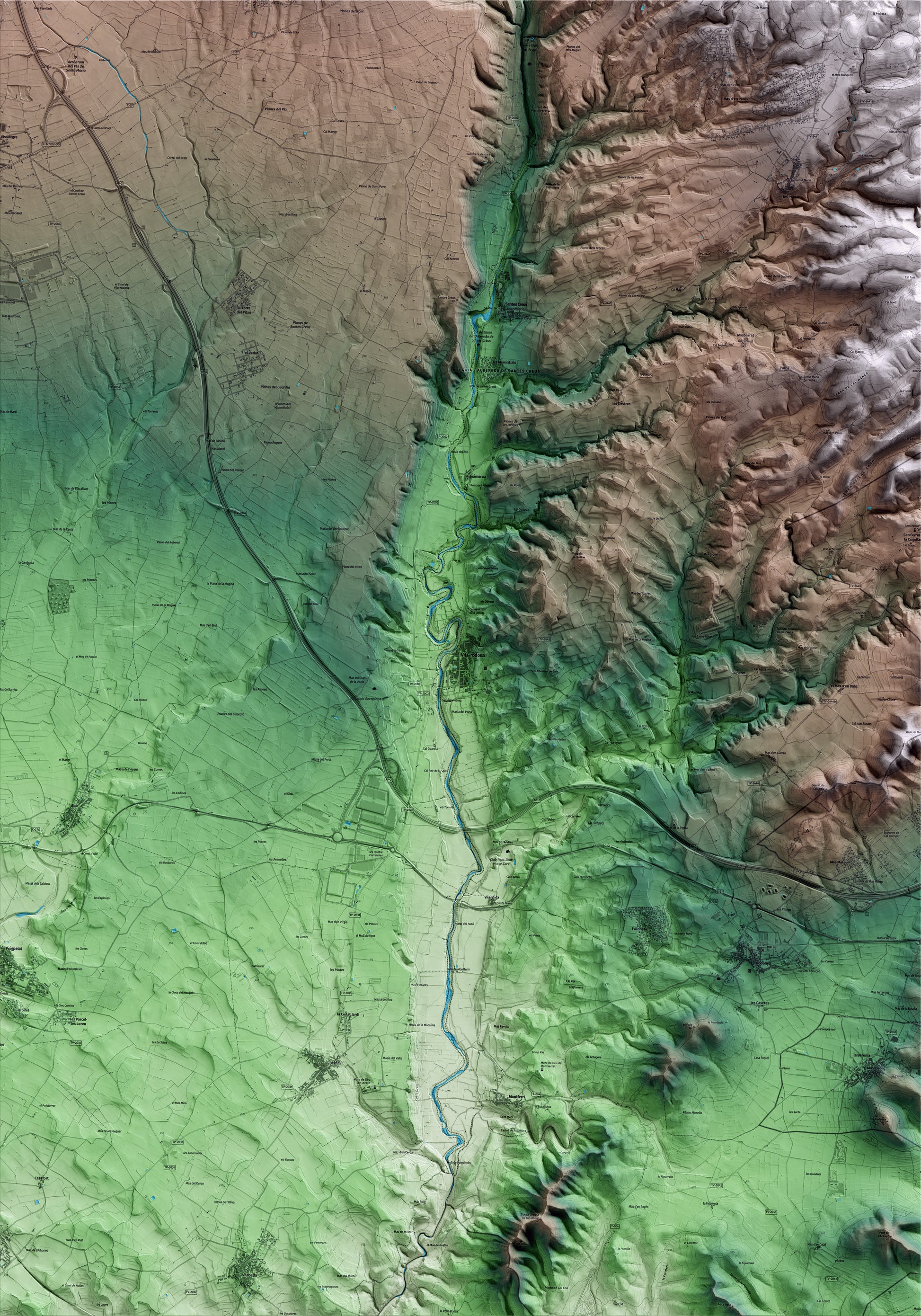 Mapa artístico del relieve de Vila-rodona, al Alt Camp, con 15 km de entorno y base topográfica ICGC