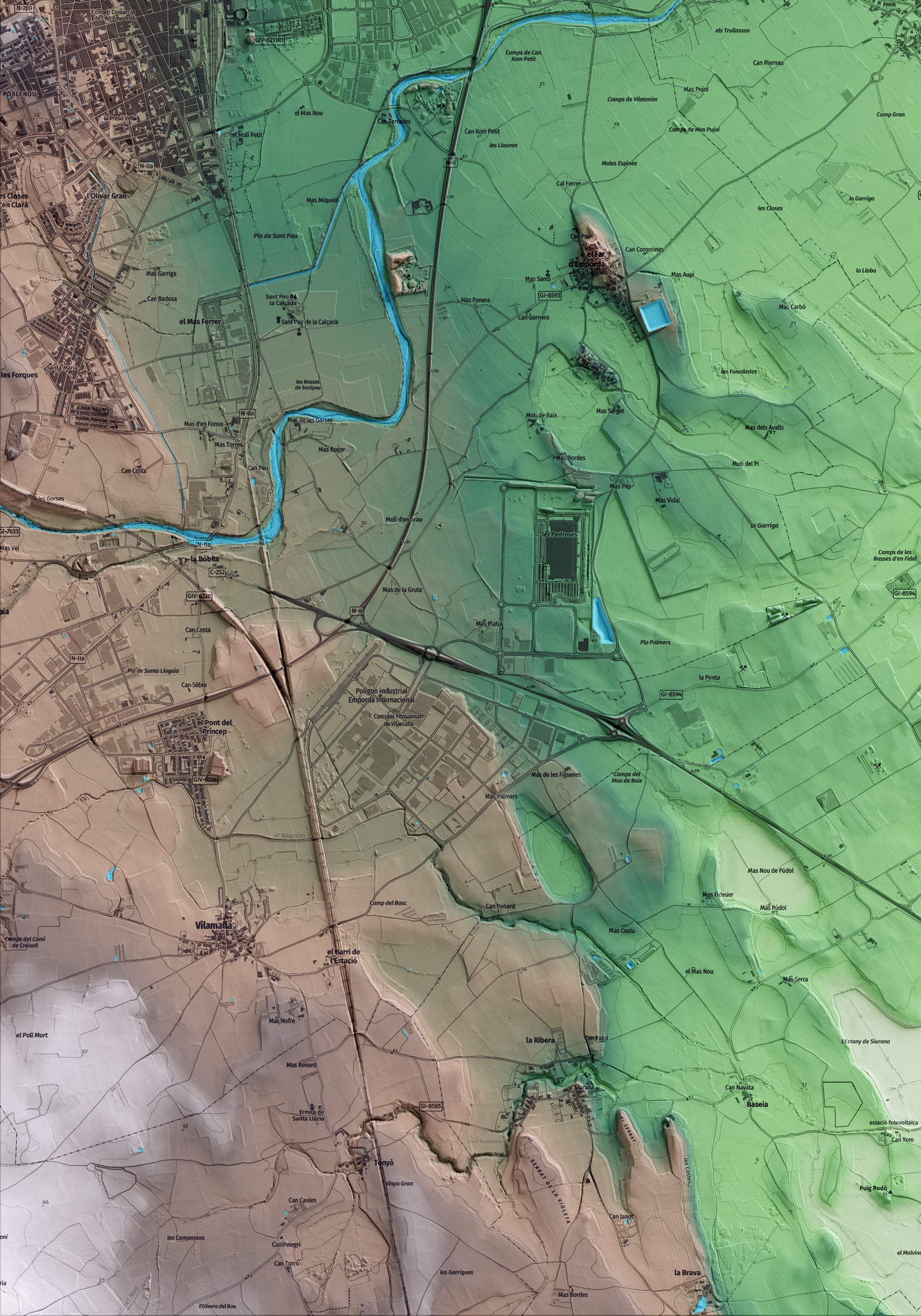 Mapa artístico del relieve de Vila-sacra, al Alt Empordà, con 15 km de entorno y base topográfica ICGC. Detalle de la zona inferior izquierda.