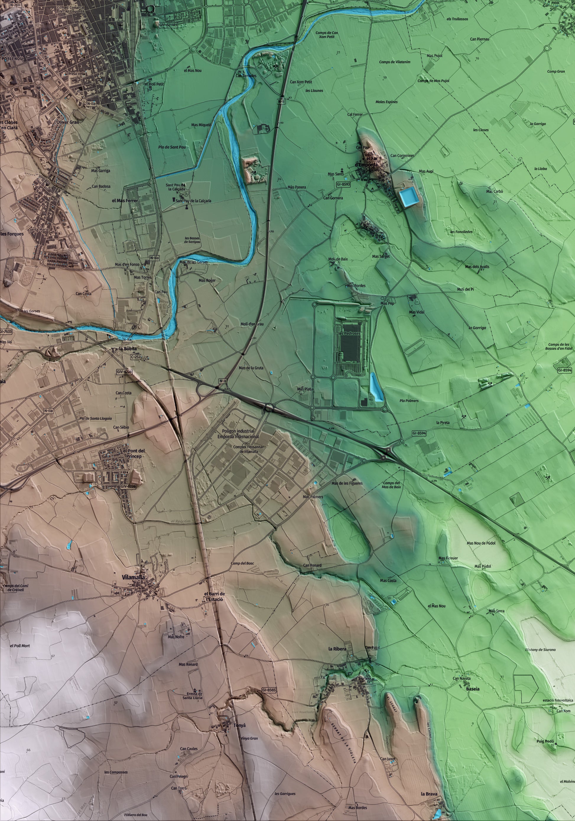 Mapa artístico del relieve de Vila-sacra, al Alt Empordà, con 15 km de entorno y base topográfica ICGC. Detalle de la zona inferior izquierda.