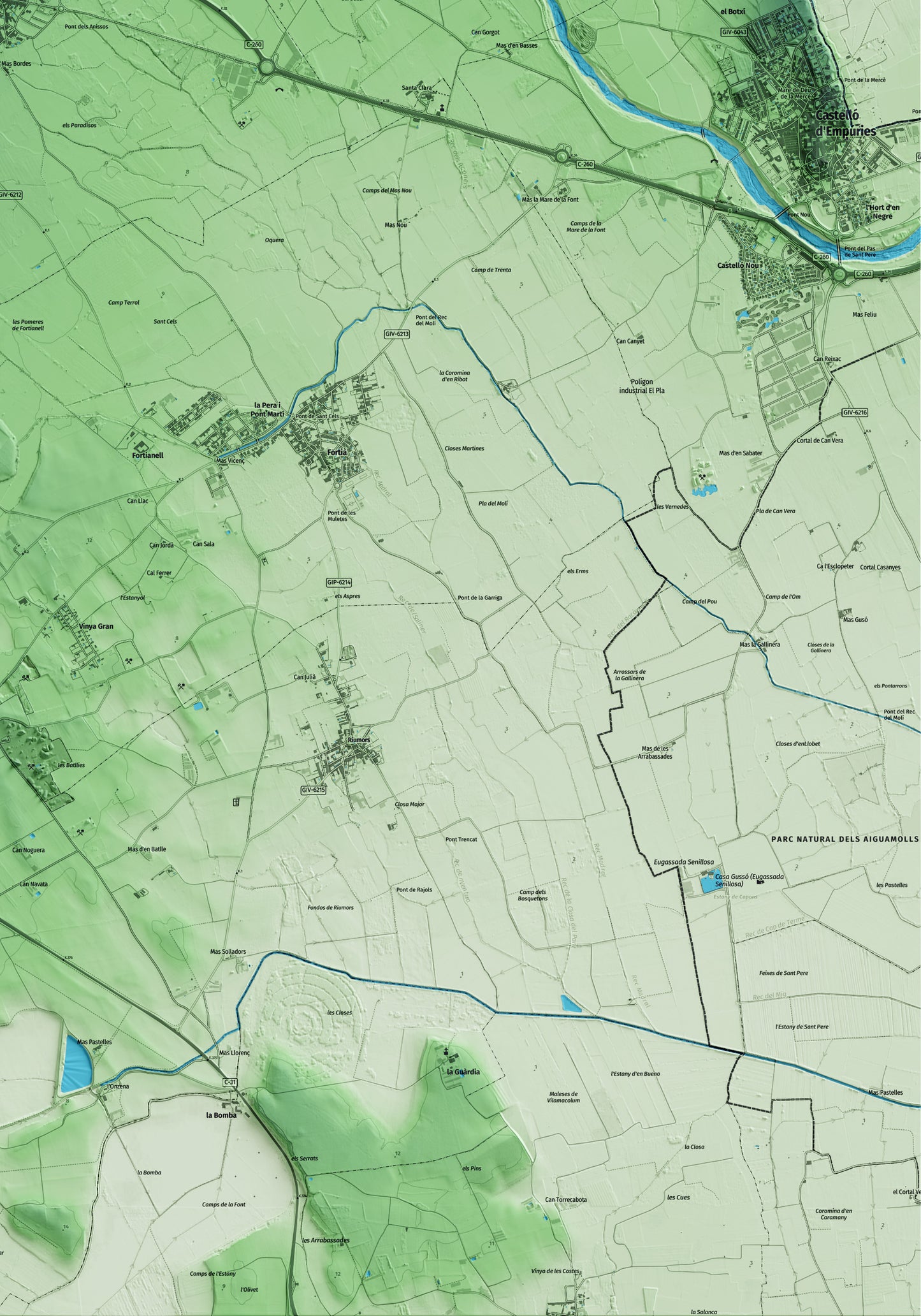 Mapa artístico del relieve de Vila-sacra, al Alt Empordà, con 15 km de entorno y base topográfica ICGC. Detalle de la zona inferior derecha.