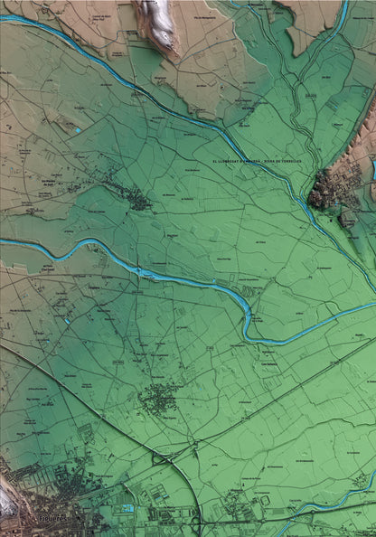 Mapa artístico del relieve de Vila-sacra, al Alt Empordà, con 15 km de entorno y base topográfica ICGC. Detalle de la zona superior izquierda.