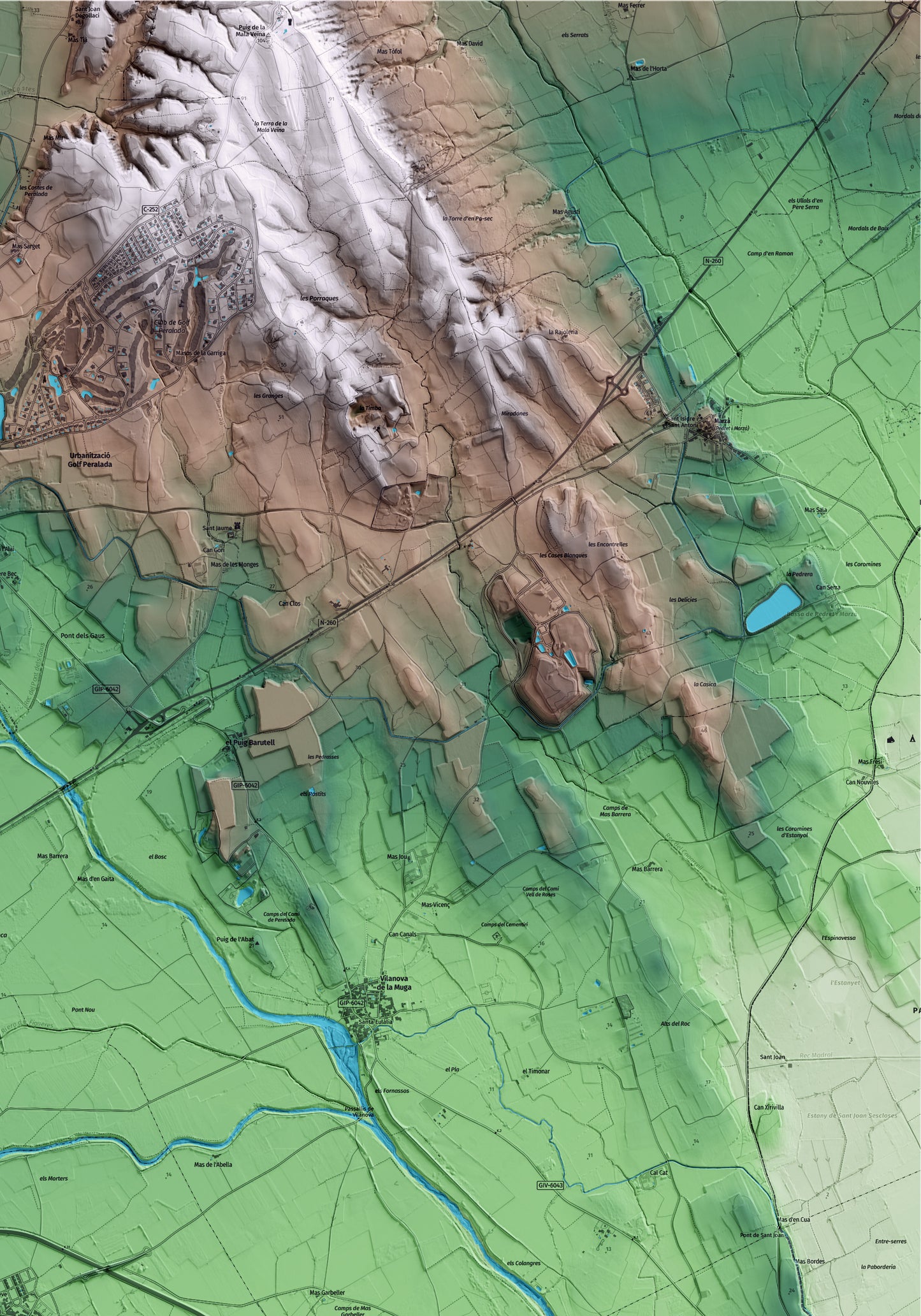 Mapa artístico del relieve de Vila-sacra, al Alt Empordà, con 15 km de entorno y base topográfica ICGC. Detalle de la zona superior derecha.