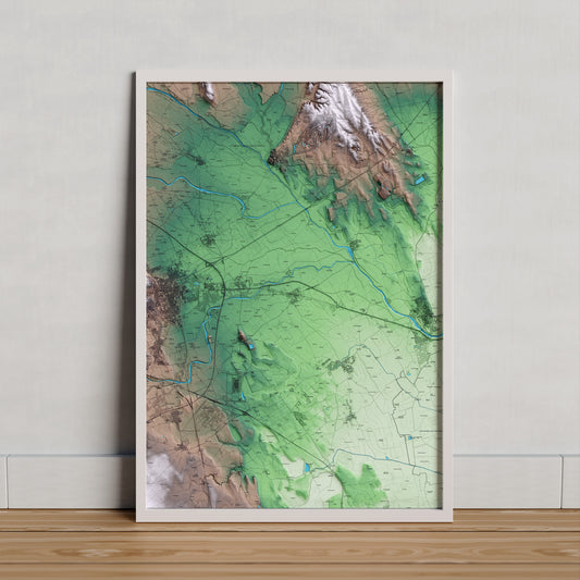 Mapa artístico del relieve de Vila-sacra, al Alt Empordà, con 15 km de entorno y base topográfica ICGC. Presentación enmarcada.