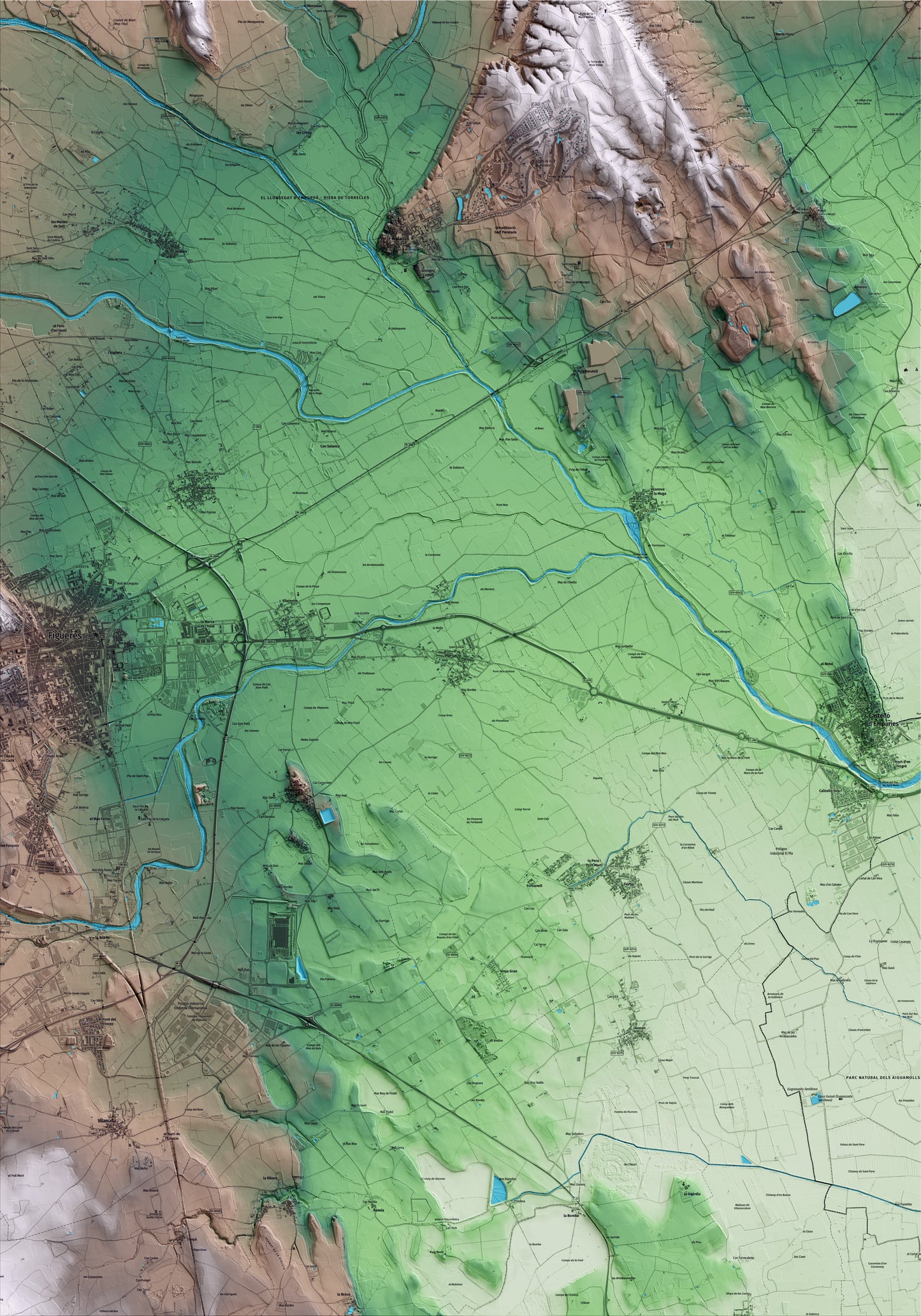 Mapa artístico del relieve de Vila-sacra, al Alt Empordà, con 15 km de entorno y base topográfica ICGC