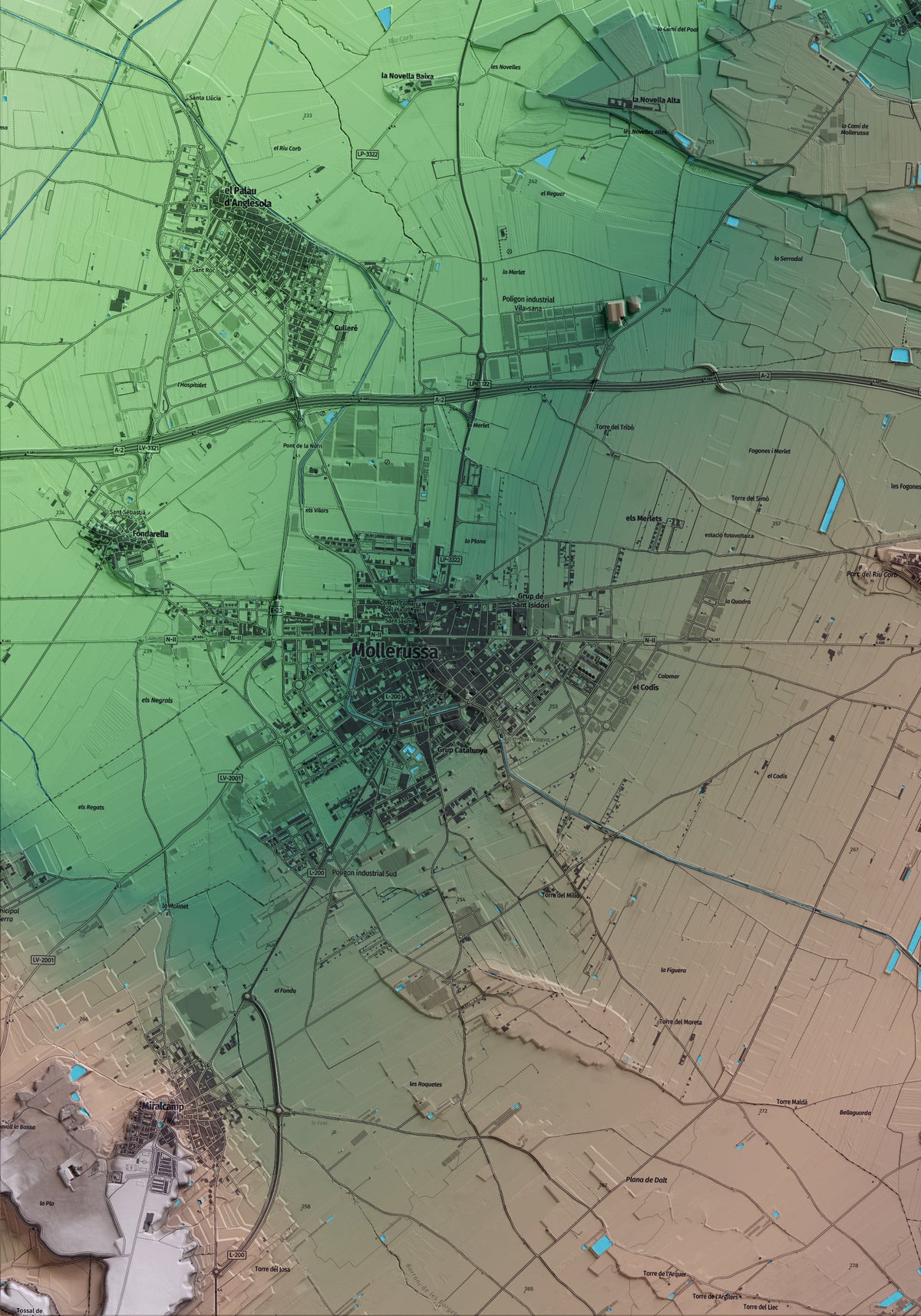 Mapa artístico del relieve de Vila-sana, en el Pla d'Urgell, con 15 km de entorno y base topográfica ICGC. Detalle de la zona inferior izquierda.