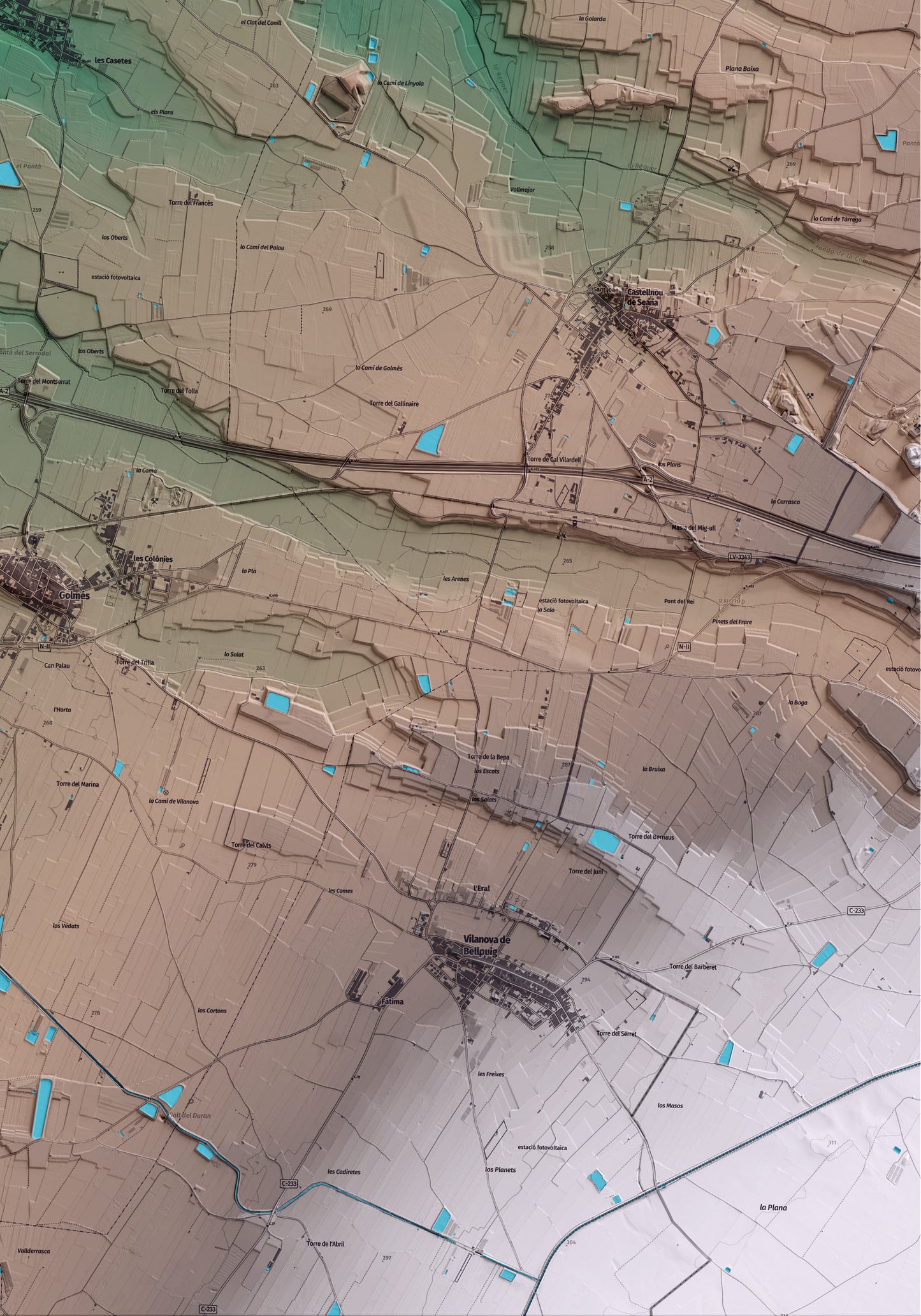 Mapa artístico del relieve de Vila-sana, en el Pla d'Urgell, con 15 km de entorno y base topográfica ICGC. Detalle de la zona inferior derecha.