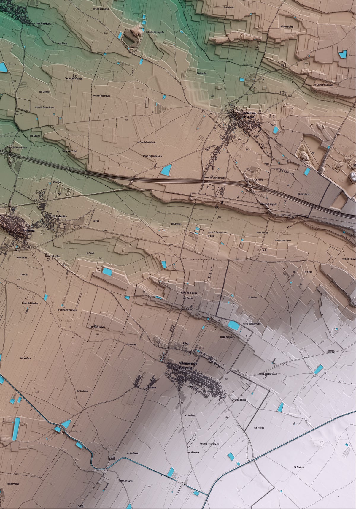 Mapa artístico del relieve de Vila-sana, en el Pla d'Urgell, con 15 km de entorno y base topográfica ICGC. Detalle de la zona inferior derecha.