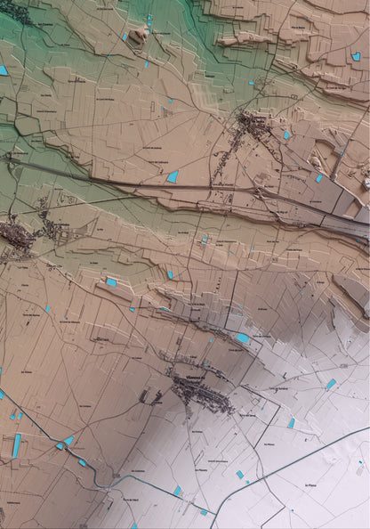 Mapa artístico del relieve de Vila-sana, en el Pla d'Urgell, con 15 km de entorno y base topográfica ICGC. Detalle de la zona inferior derecha.