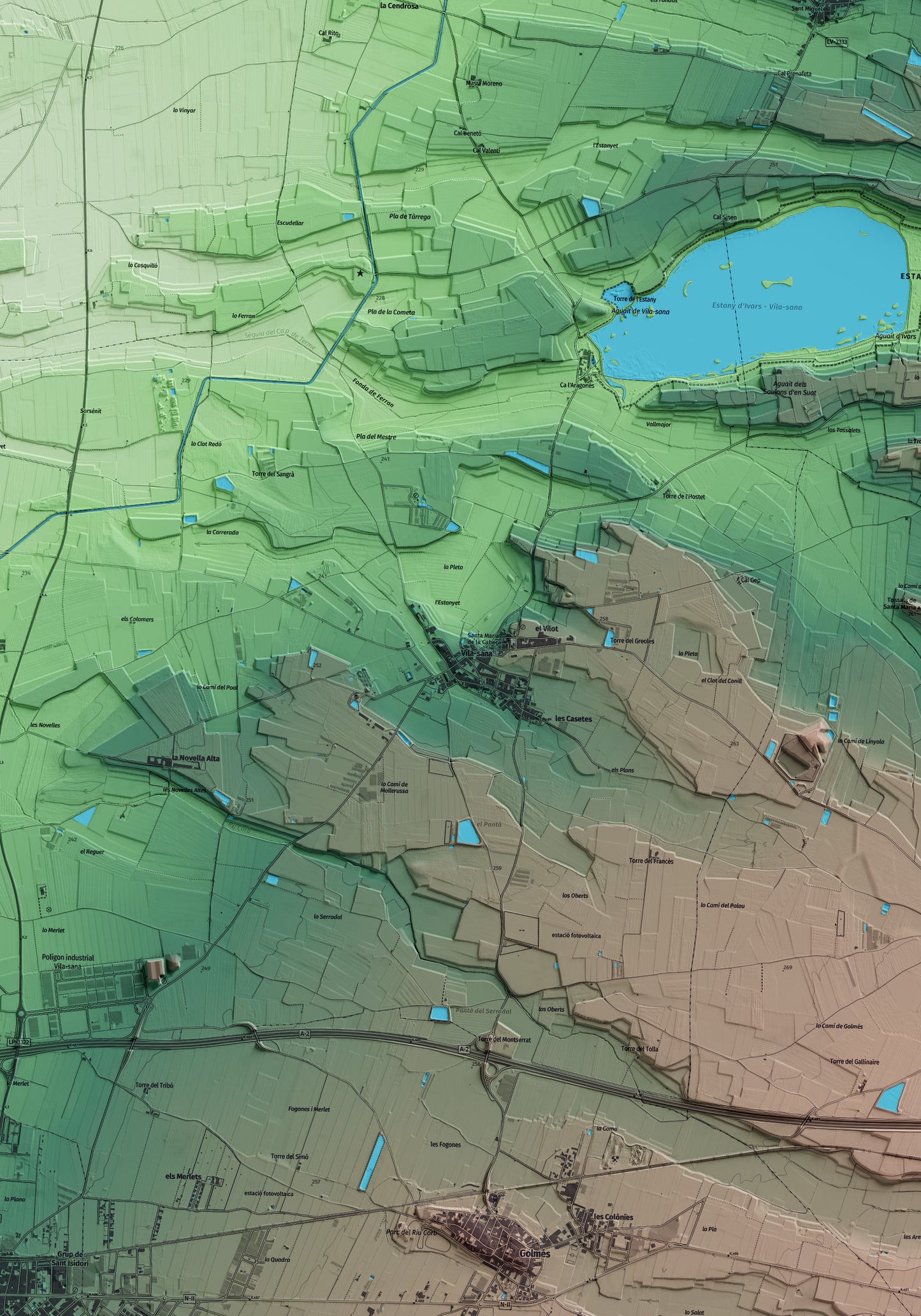 Mapa artístico del relieve de Vila-sana, en el Pla d'Urgell, con 15 km de entorno y base topográfica ICGC. Detalle de la zona central.