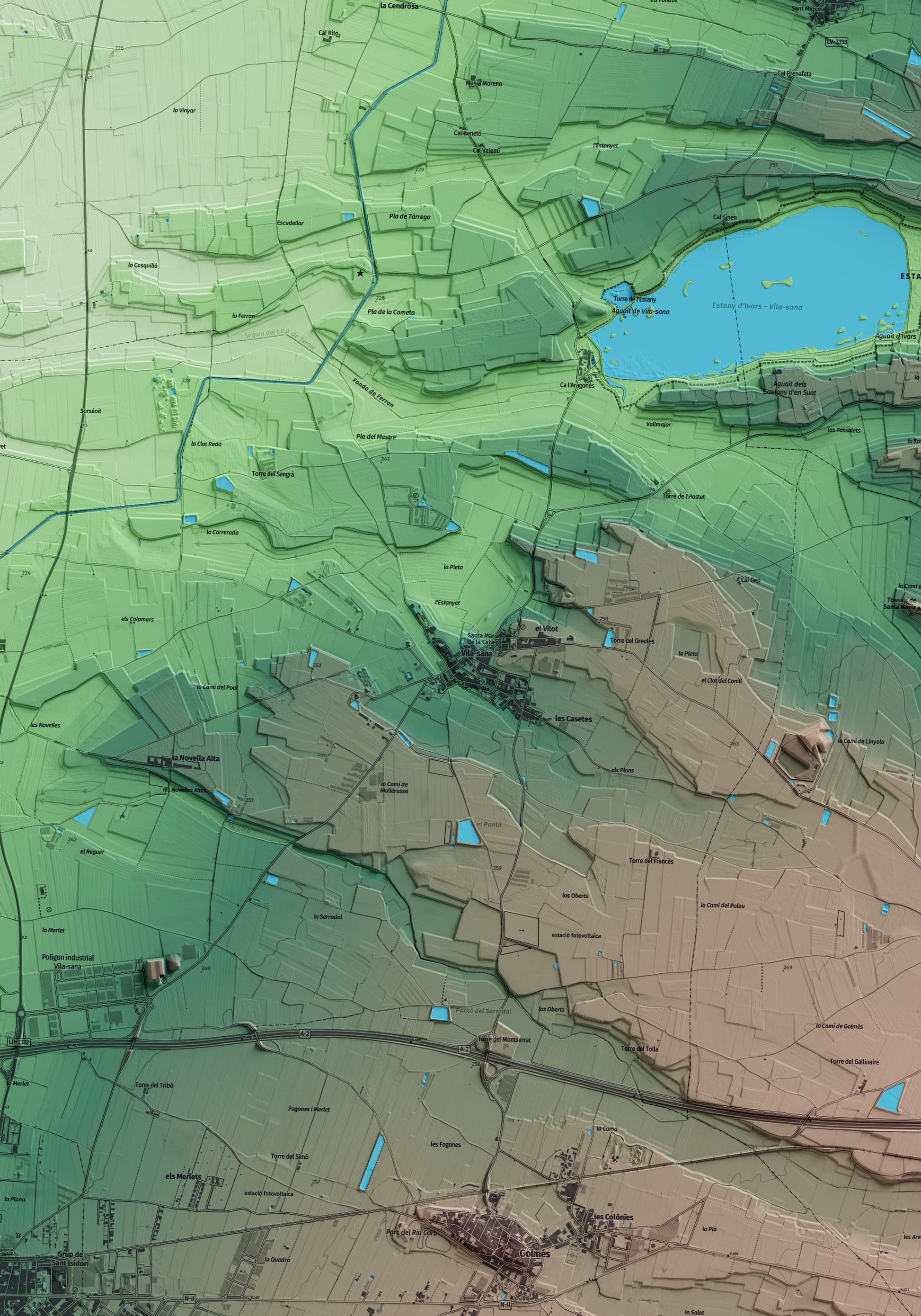 Mapa artístico del relieve de Vila-sana, en el Pla d'Urgell, con 15 km de entorno y base topográfica ICGC. Detalle de la zona central.