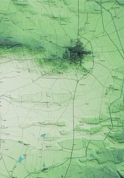 Mapa artístico del relieve de Vila-sana, en el Pla d'Urgell, con 15 km de entorno y base topográfica ICGC. Detalle de la zona superior izquierda.
