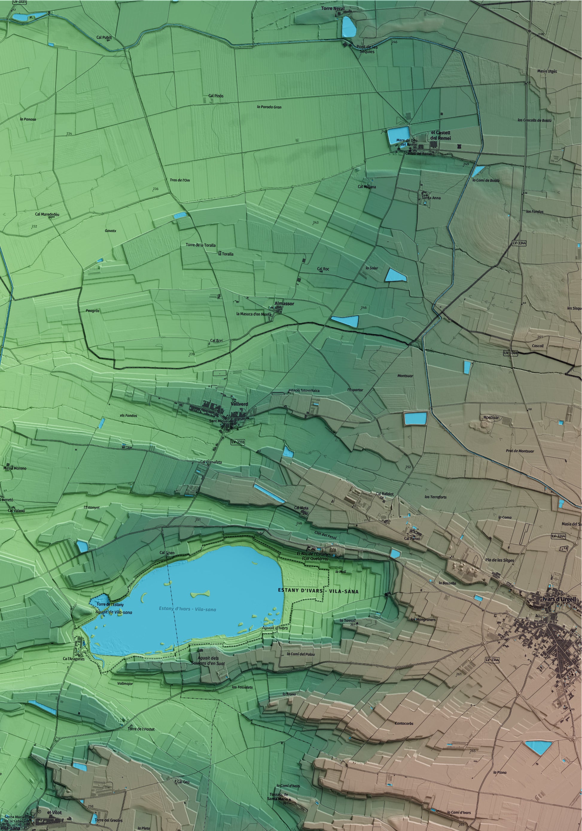 Mapa artístico del relieve de Vila-sana, en el Pla d'Urgell, con 15 km de entorno y base topográfica ICGC. Detalle de la zona superior derecha.