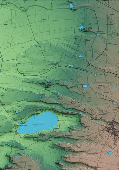 Mapa artístico del relieve de Vila-sana, en el Pla d'Urgell, con 15 km de entorno y base topográfica ICGC. Detalle de la zona superior derecha.