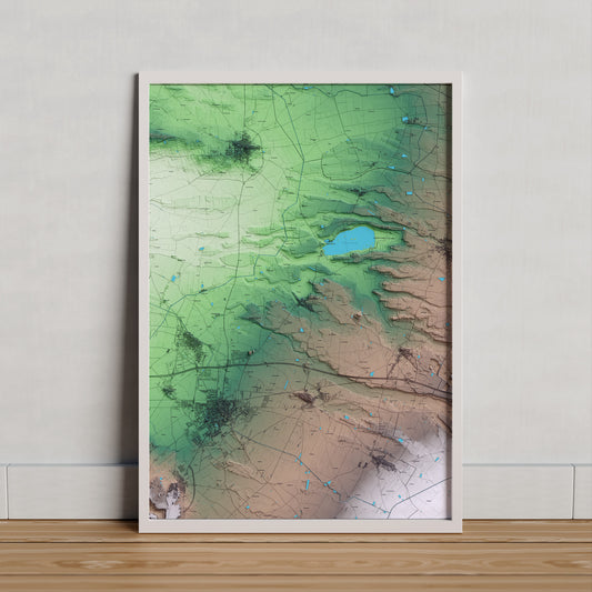 Mapa artístico del relieve de Vila-sana, en el Pla d'Urgell, con 15 km de entorno y base topográfica ICGC. Presentación enmarcada.
