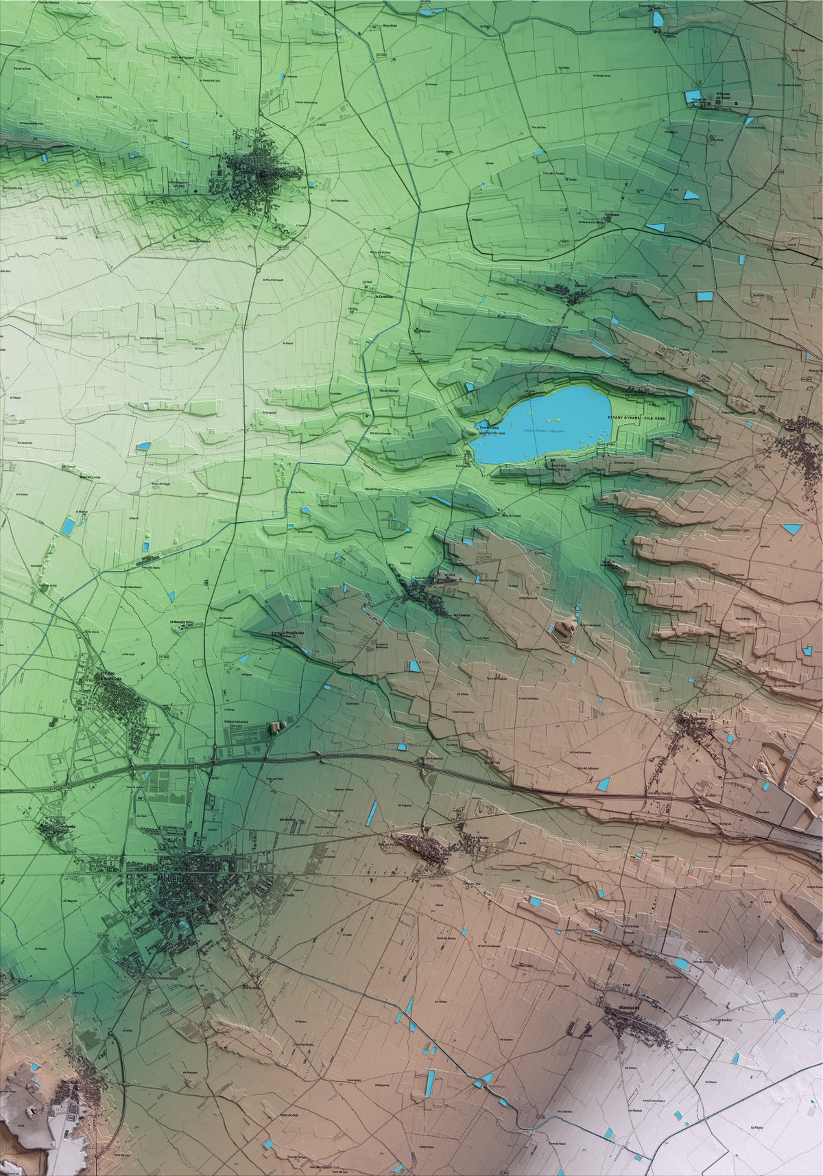 Mapa artístico del relieve de Vila-sana, en el Pla d'Urgell, con 15 km de entorno y base topográfica ICGC