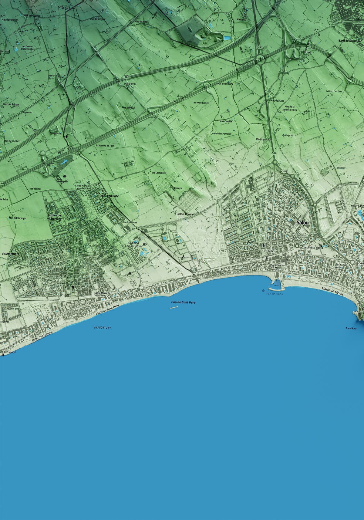 Mapa artístico del relieve de Vila-seca, al Tarragonès, con 15 km de entorno y base topográfica ICGC. Detalle de la zona inferior izquierda.