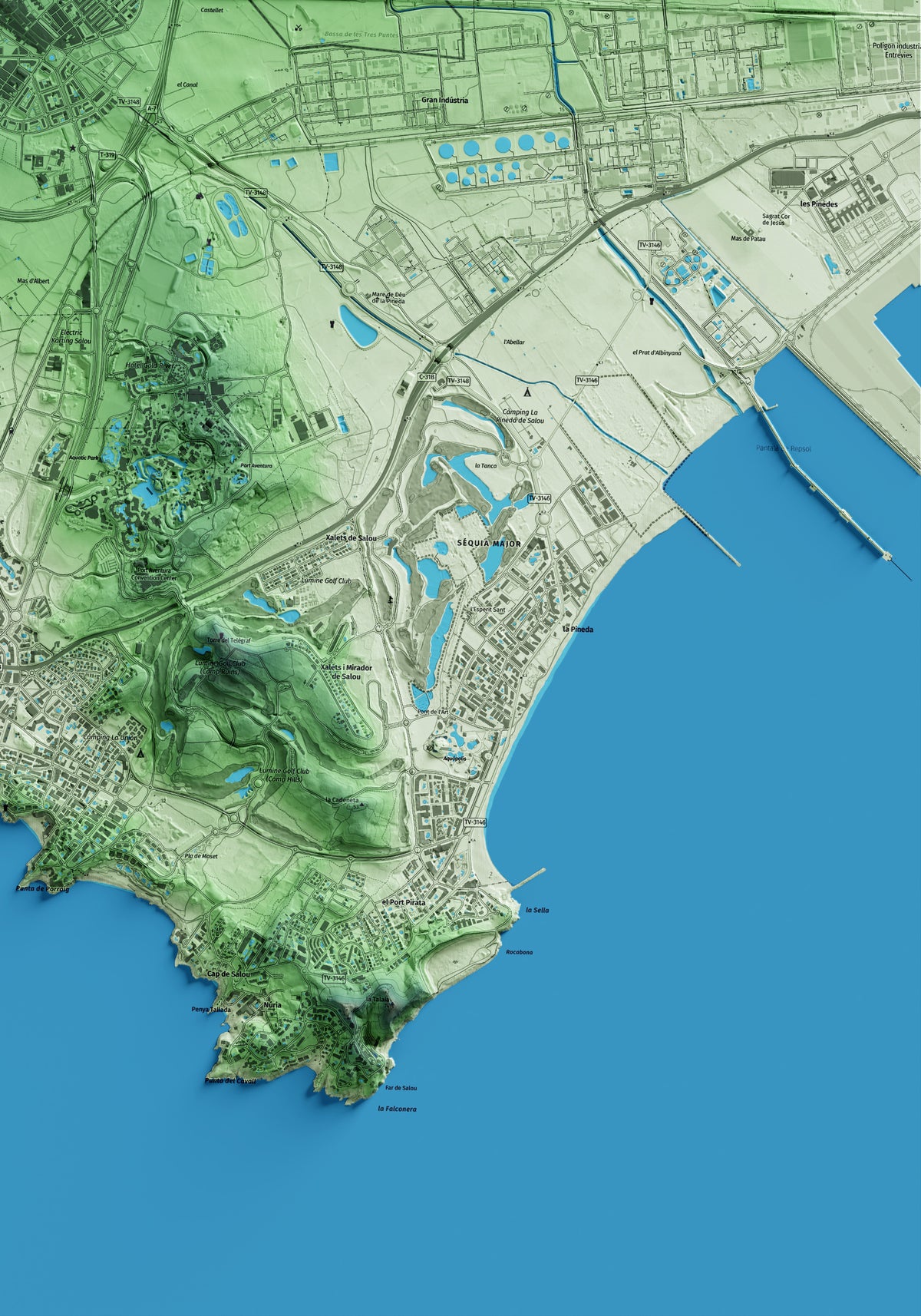Mapa artístico del relieve de Vila-seca, al Tarragonès, con 15 km de entorno y base topográfica ICGC. Detalle de la zona inferior derecha.