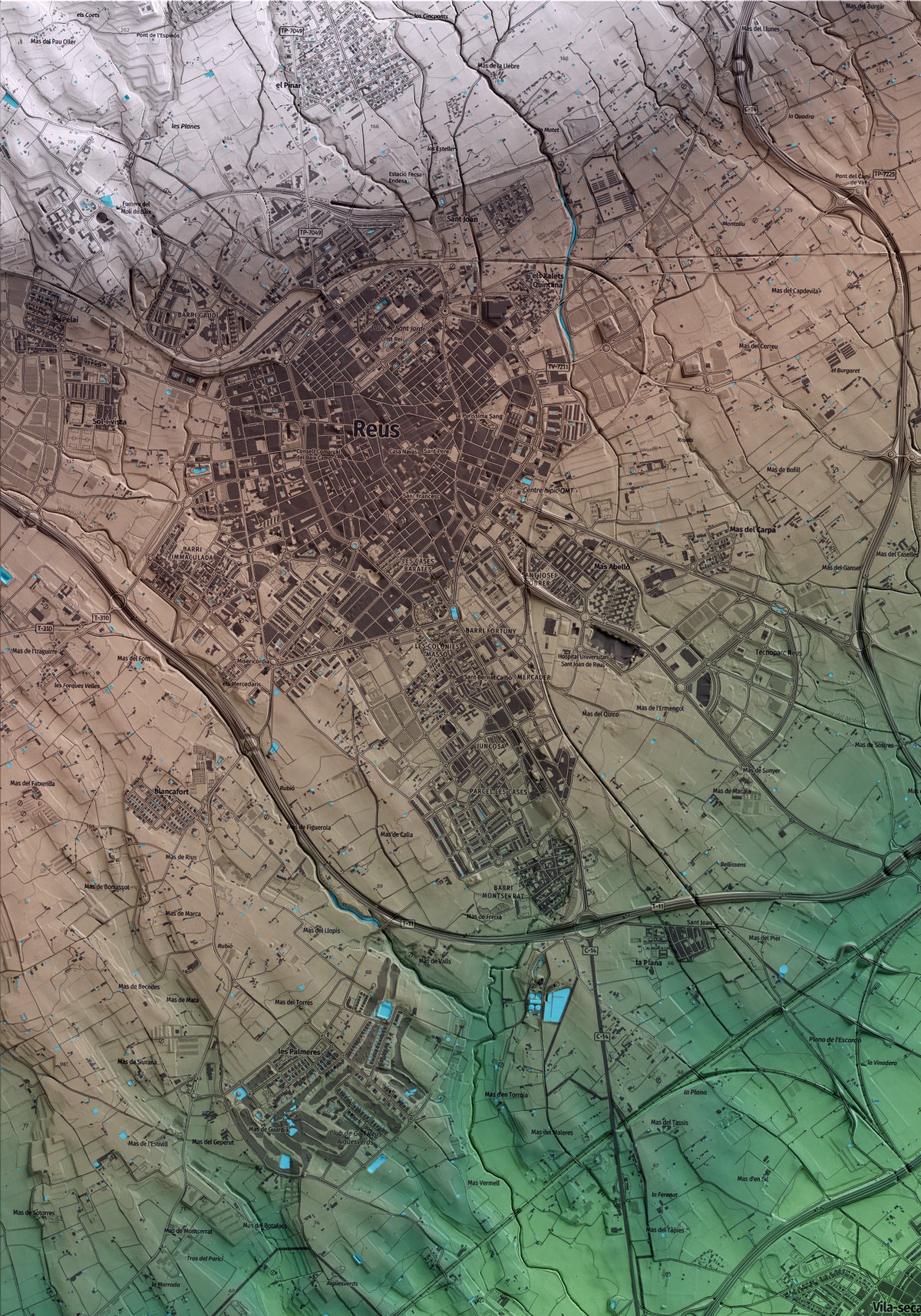 Mapa artístico del relieve de Vila-seca, al Tarragonès, con 15 km de entorno y base topográfica ICGC. Detalle de la zona superior izquierda.