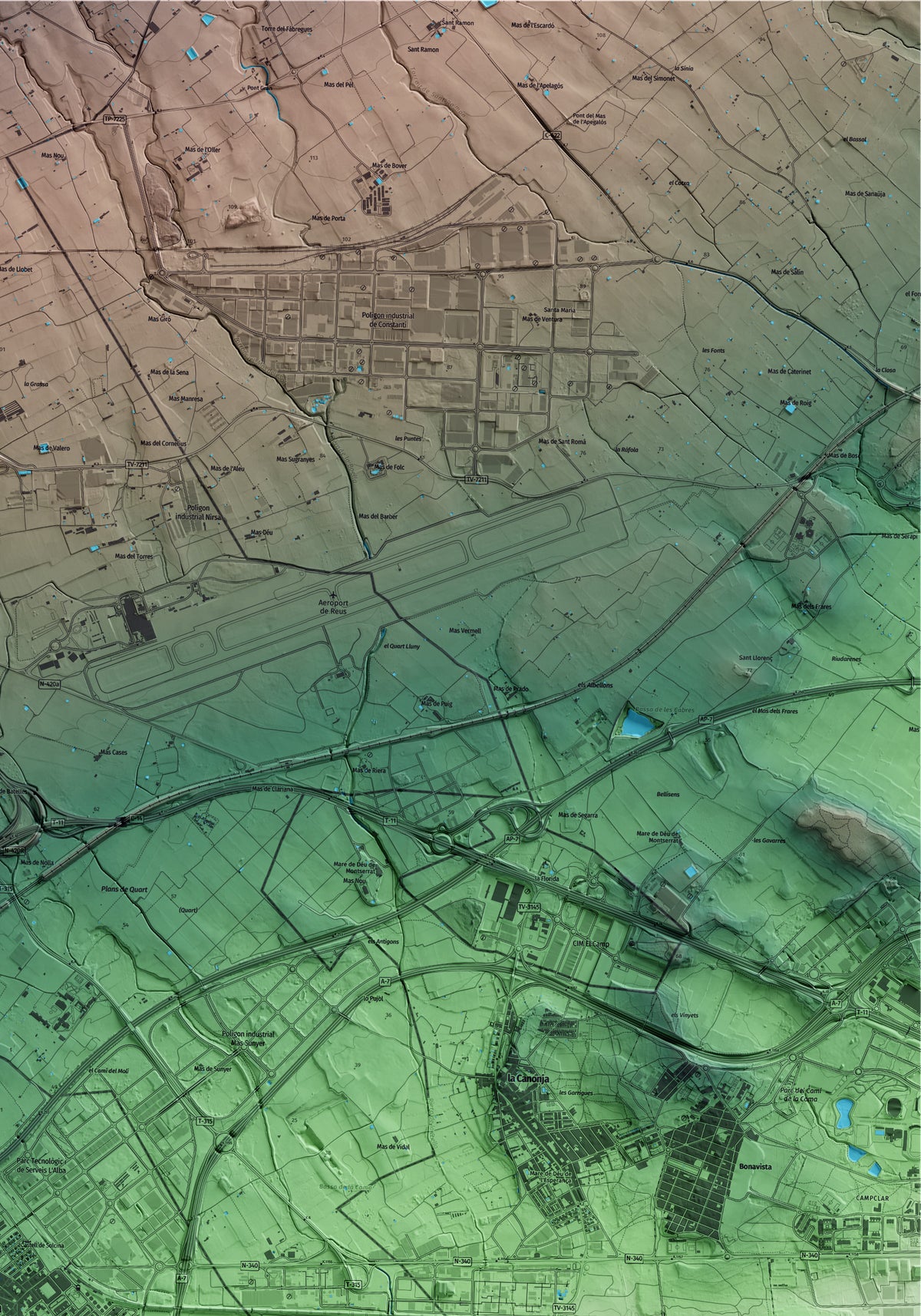 Mapa artístico del relieve de Vila-seca, al Tarragonès, con 15 km de entorno y base topográfica ICGC. Detalle de la zona superior derecha.