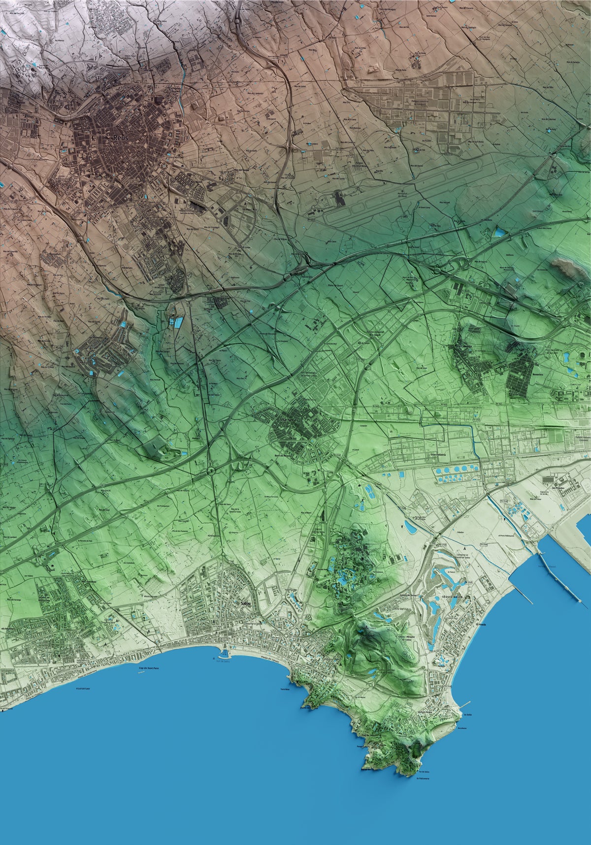 Mapa artístico del relieve de Vila-seca, al Tarragonès, con 15 km de entorno y base topográfica ICGC