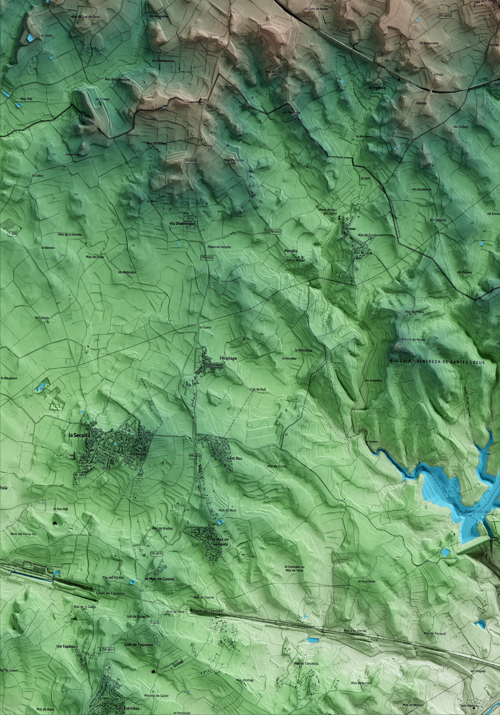 Mapa artístico del relieve de Vilabella, al Alt Camp, con 15 km de entorno y base topográfica ICGC. Detalle de la zona inferior izquierda.