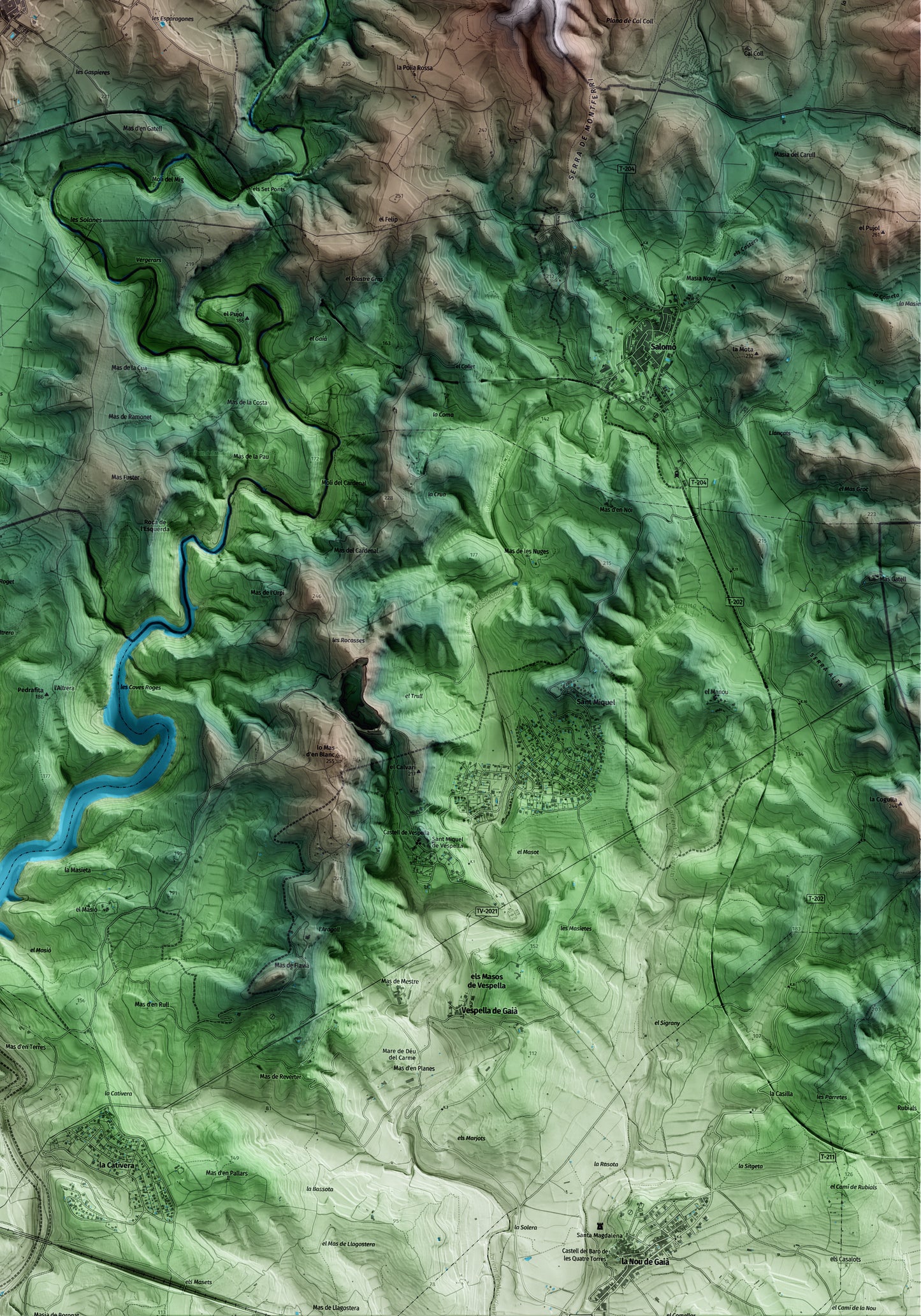 Mapa artístico del relieve de Vilabella, al Alt Camp, con 15 km de entorno y base topográfica ICGC. Detalle de la zona inferior derecha.