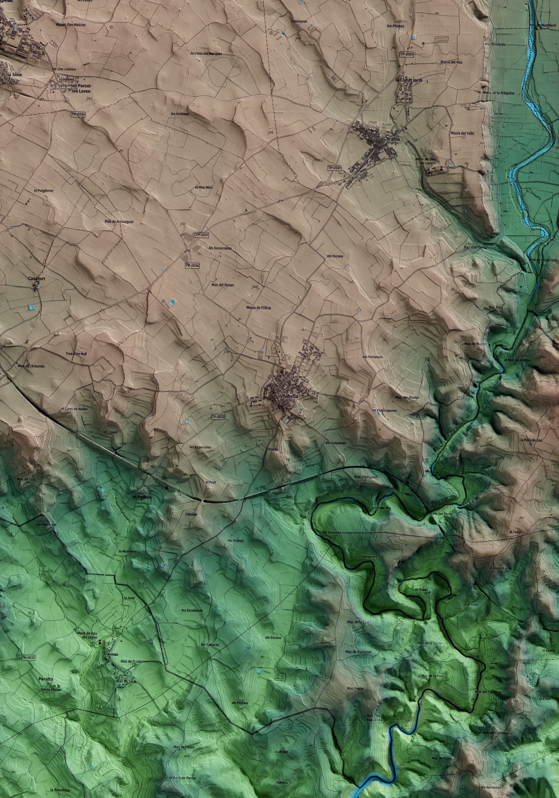 Mapa artístico del relieve de Vilabella, al Alt Camp, con 15 km de entorno y base topográfica ICGC. Detalle de la zona central.