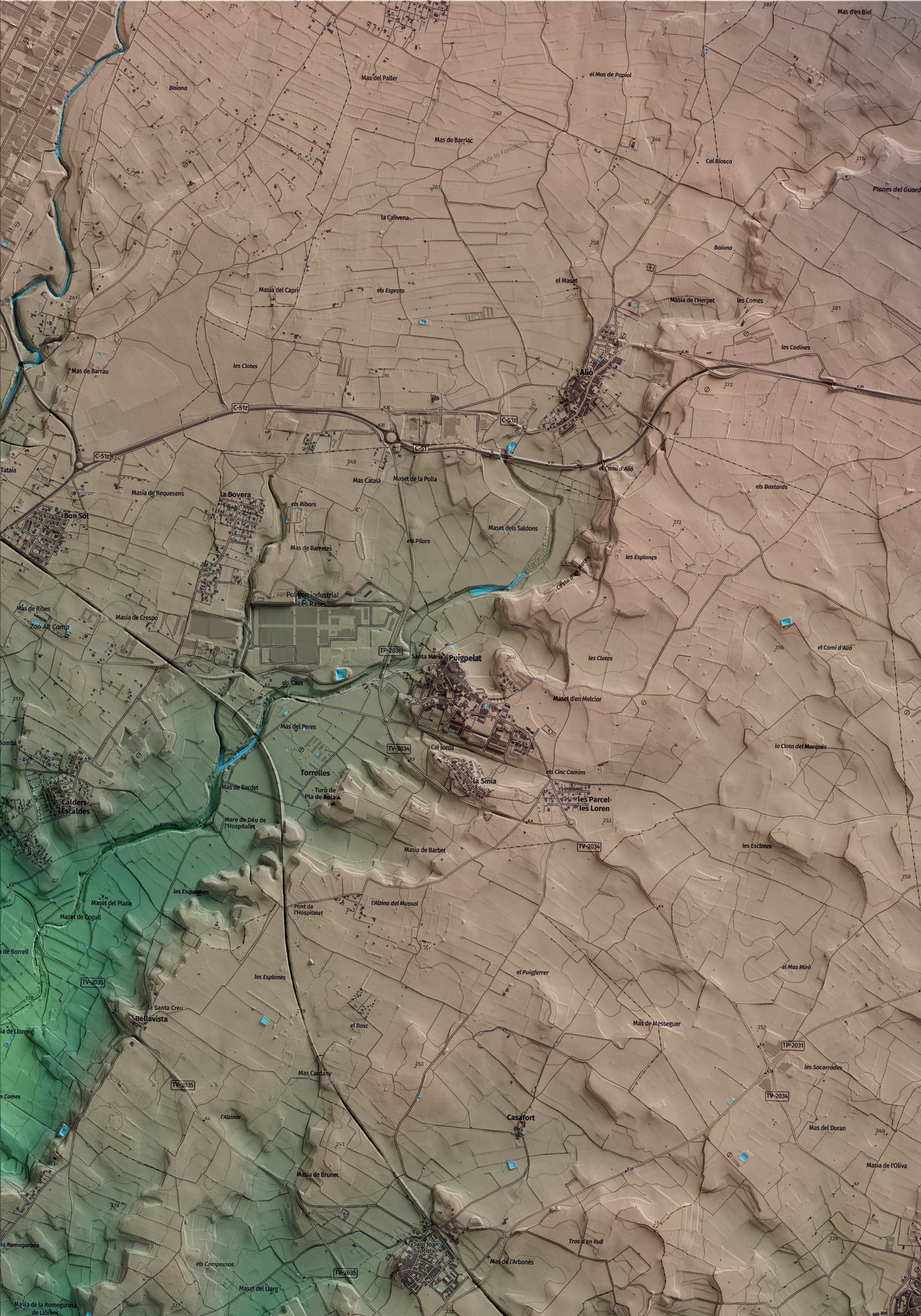Mapa artístico del relieve de Vilabella, al Alt Camp, con 15 km de entorno y base topográfica ICGC. Detalle de la zona superior izquierda.