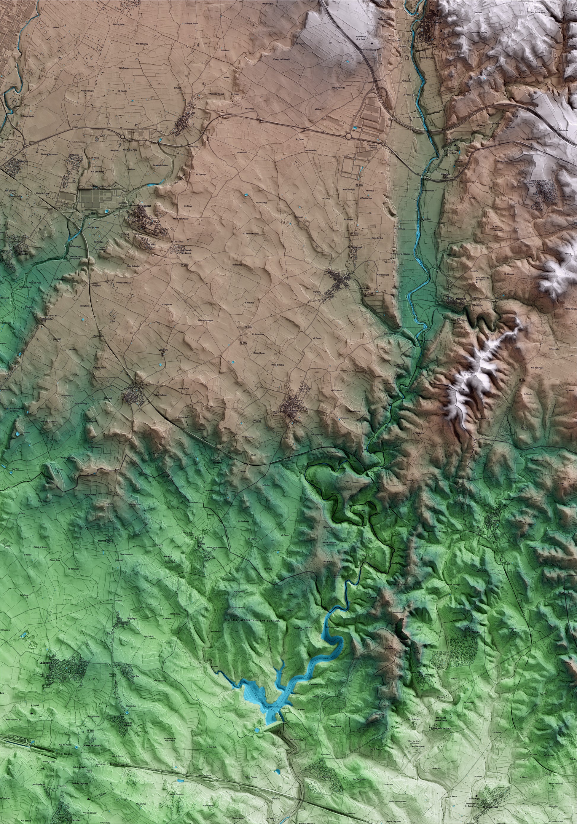 Mapa artístico del relieve de Vilabella, al Alt Camp, con 15 km de entorno y base topográfica ICGC