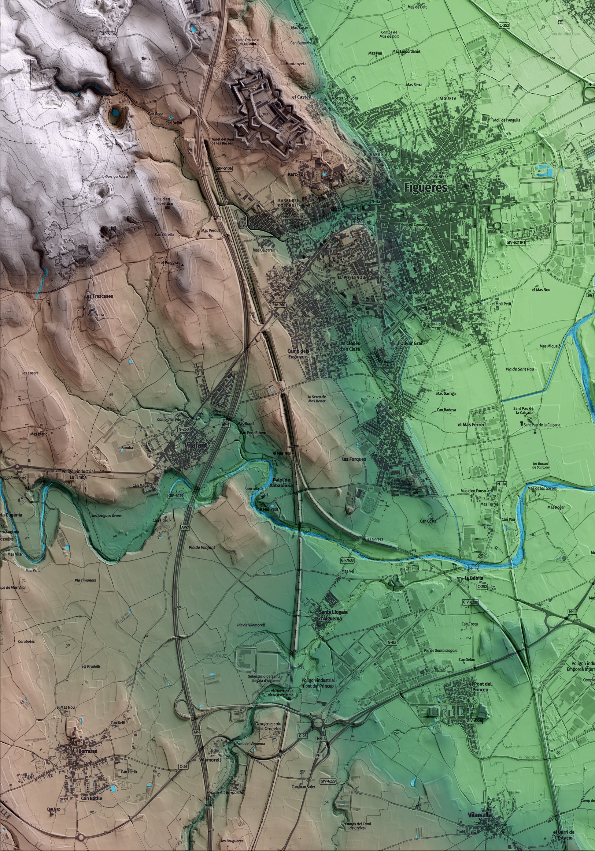 Mapa artístico del relieve de Vilabertran, al Alt Empordà, con 15 km de entorno y base topográfica ICGC. Detalle de la zona inferior izquierda.