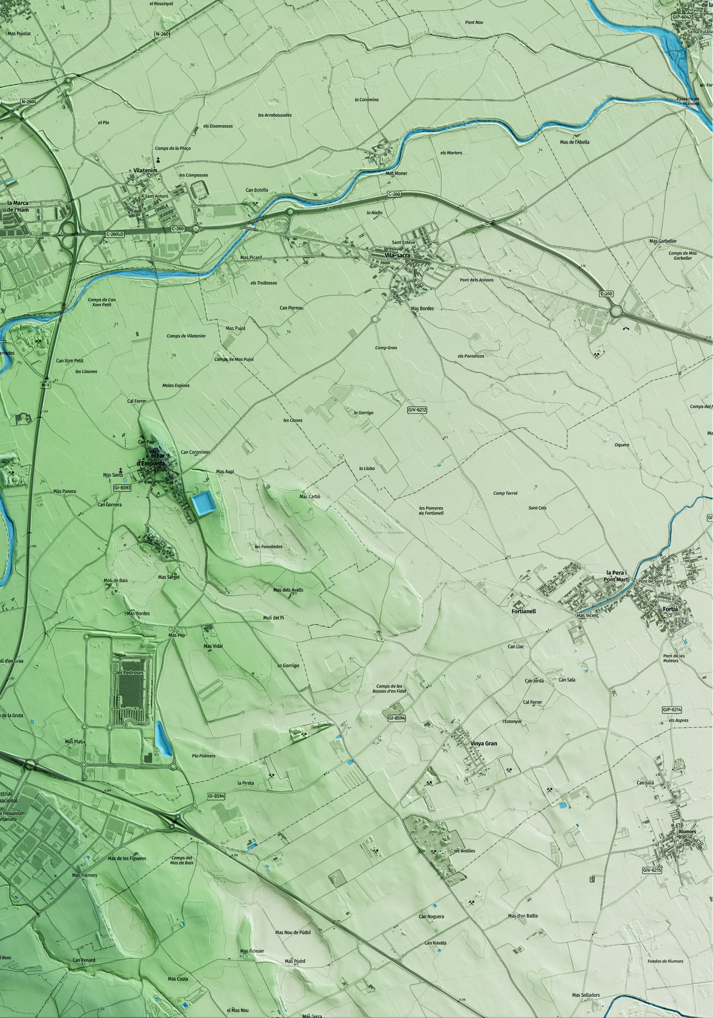 Mapa artístico del relieve de Vilabertran, al Alt Empordà, con 15 km de entorno y base topográfica ICGC. Detalle de la zona inferior derecha.