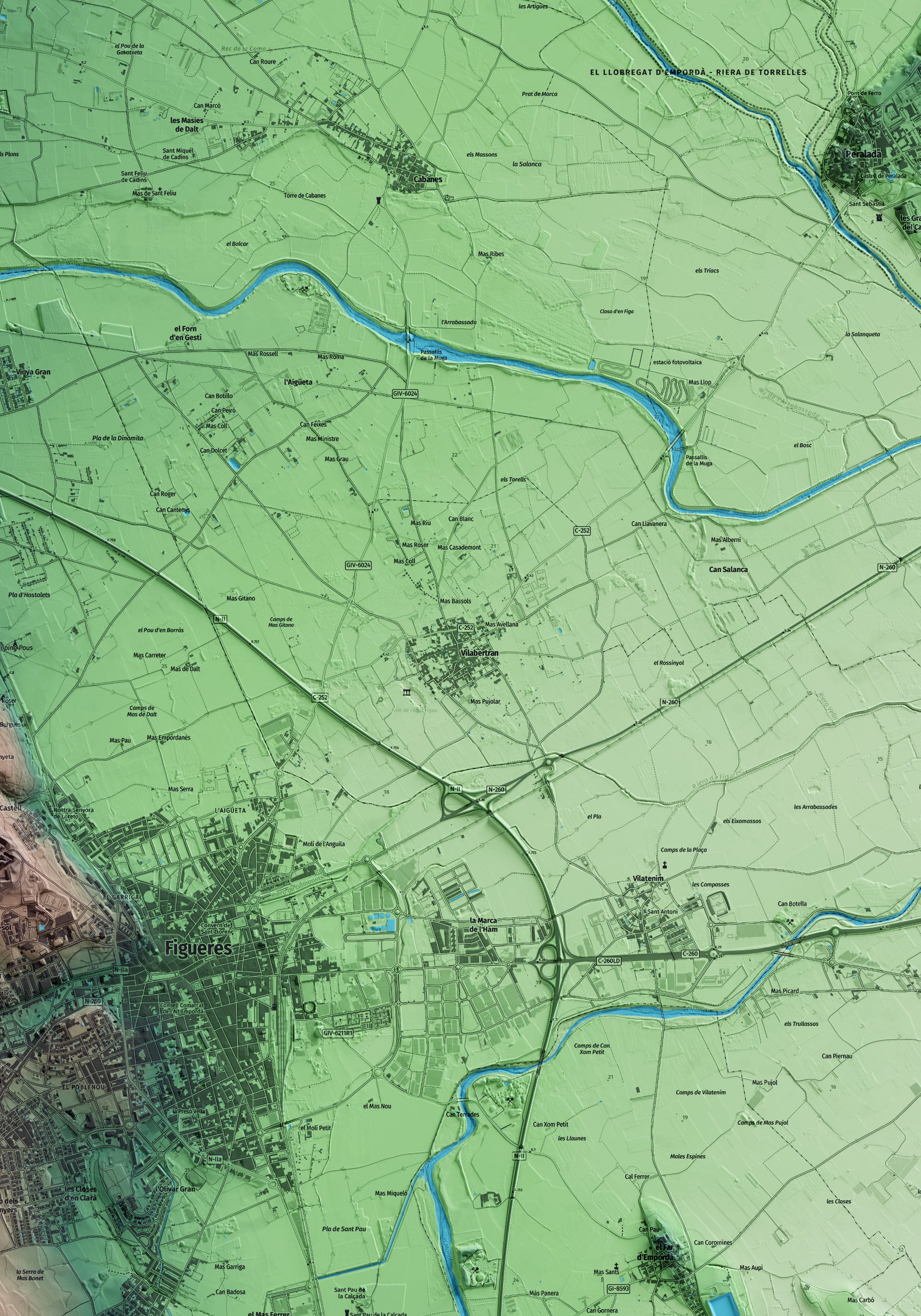 Mapa artístico del relieve de Vilabertran, al Alt Empordà, con 15 km de entorno y base topográfica ICGC. Detalle de la zona central.
