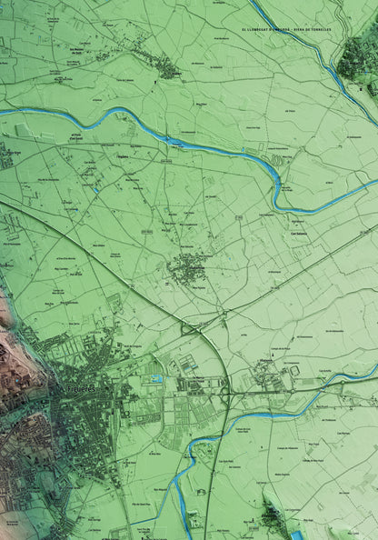 Mapa artístico del relieve de Vilabertran, al Alt Empordà, con 15 km de entorno y base topográfica ICGC. Detalle de la zona central.