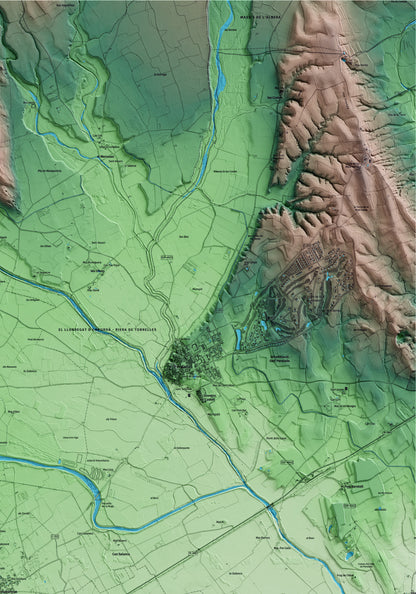 Mapa artístico del relieve de Vilabertran, al Alt Empordà, con 15 km de entorno y base topográfica ICGC. Detalle de la zona superior derecha.