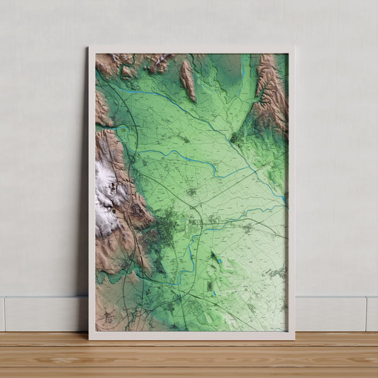 Mapa artístico del relieve de Vilabertran, al Alt Empordà, con 15 km de entorno y base topográfica ICGC. Presentación enmarcada.