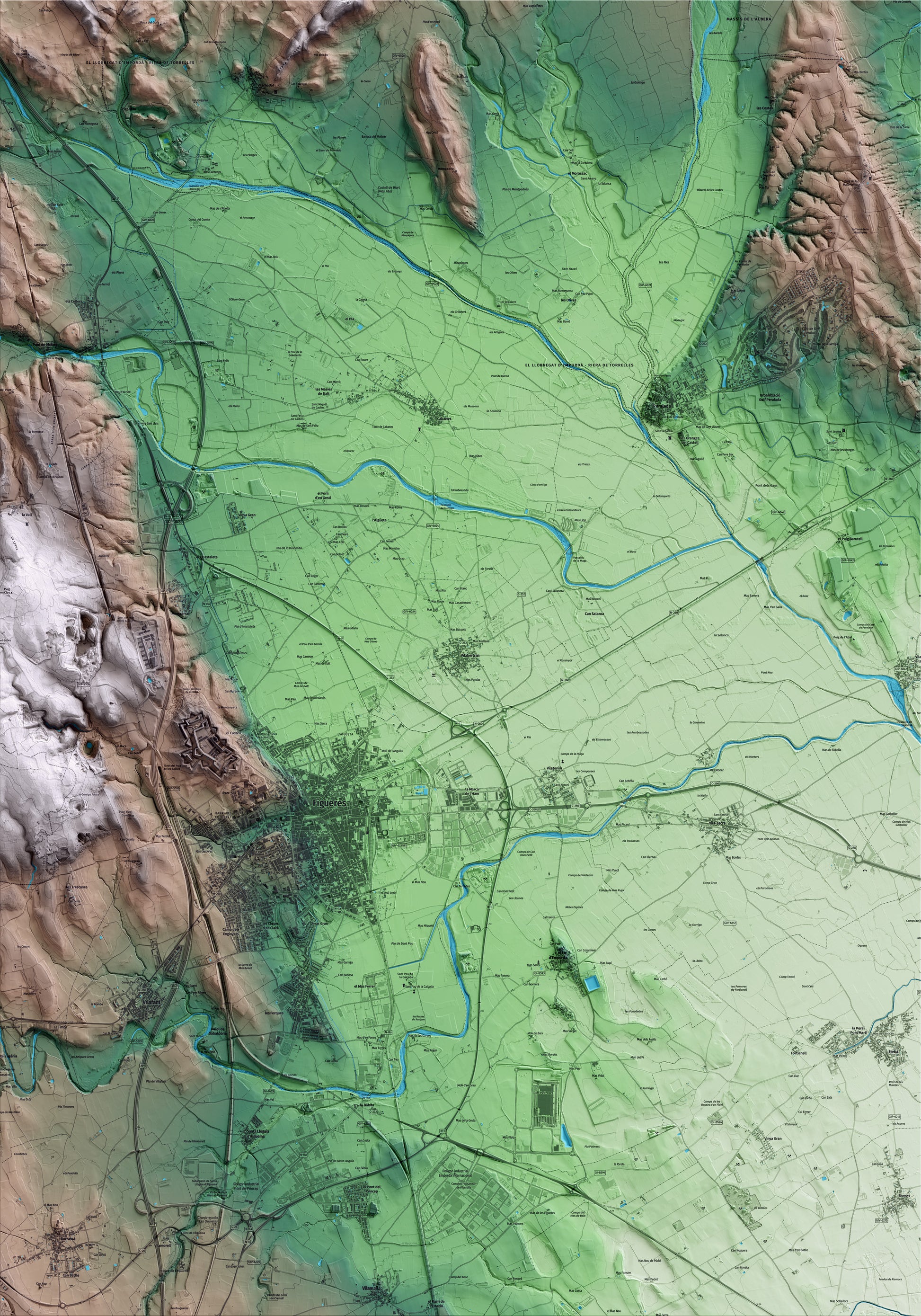 Mapa artístico del relieve de Vilabertran, al Alt Empordà, con 15 km de entorno y base topográfica ICGC