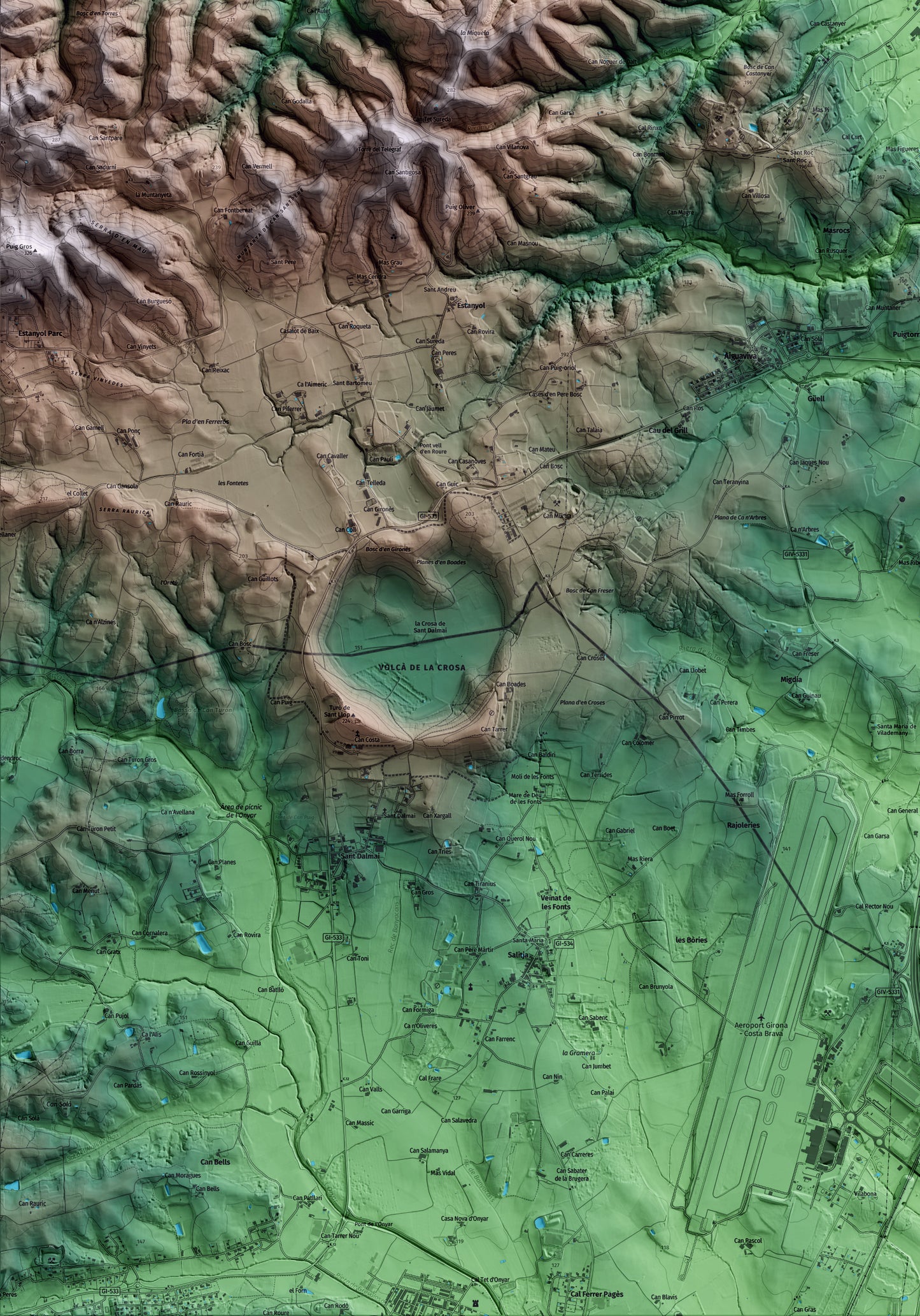 Mapa artístico del relieve de Vilablareix, al Gironès, con 15 km de entorno y base topográfica ICGC. Detalle de la zona inferior izquierda.