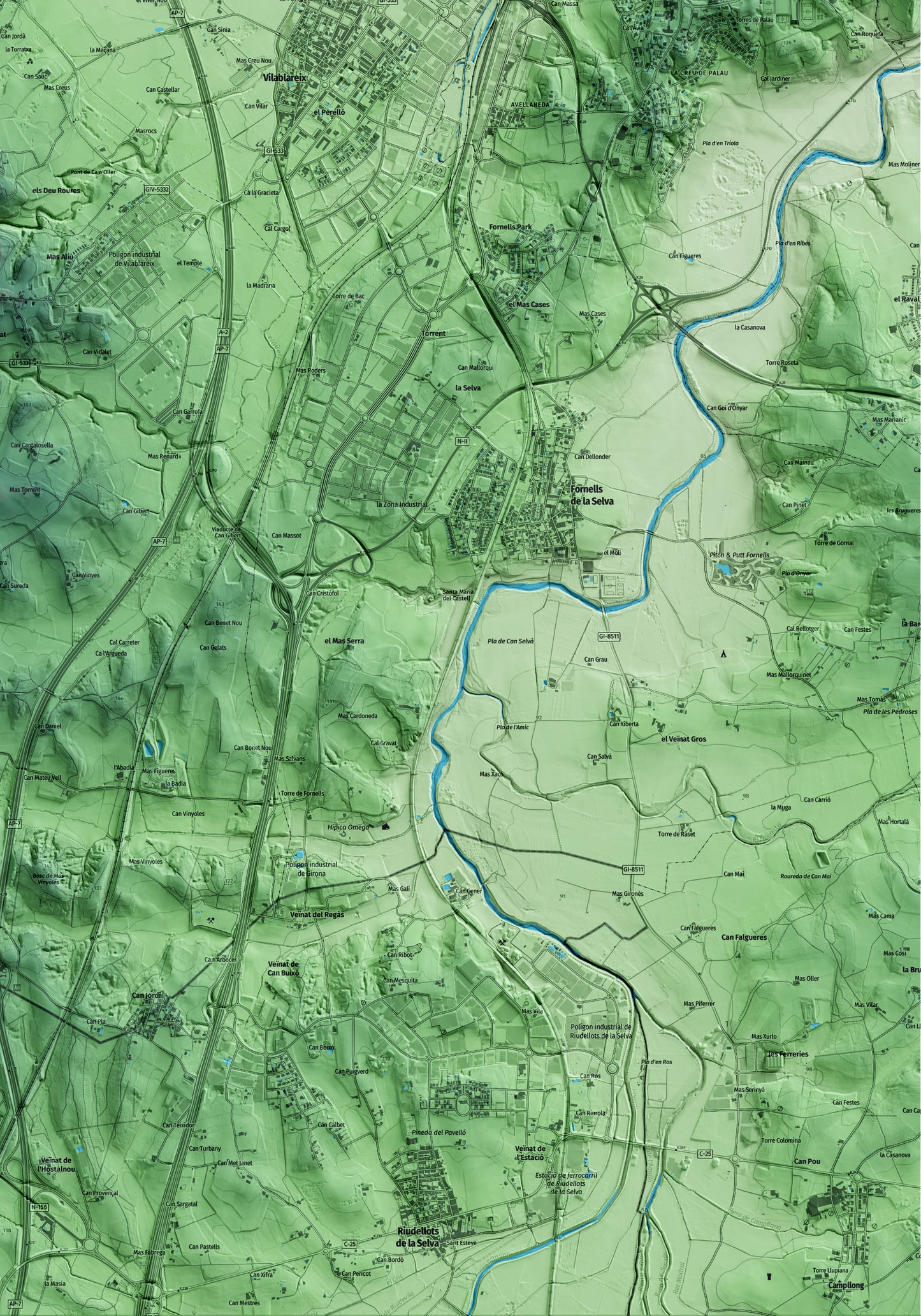 Mapa artístico del relieve de Vilablareix, al Gironès, con 15 km de entorno y base topográfica ICGC. Detalle de la zona inferior derecha.