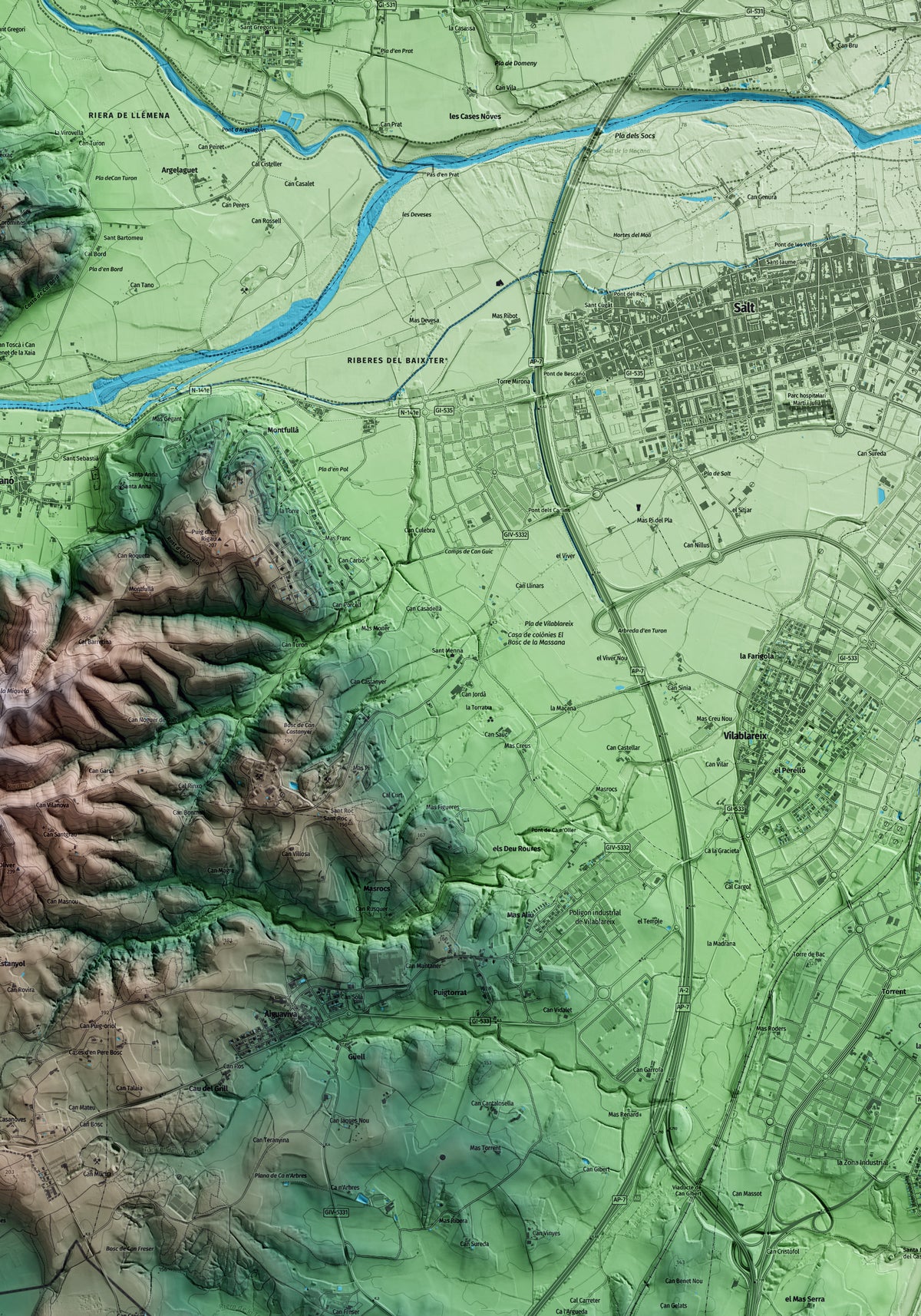 Mapa artístico del relieve de Vilablareix, al Gironès, con 15 km de entorno y base topográfica ICGC. Detalle de la zona central.