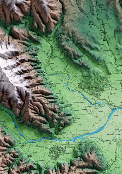 Mapa artístico del relieve de Vilablareix, al Gironès, con 15 km de entorno y base topográfica ICGC. Detalle de la zona superior izquierda.