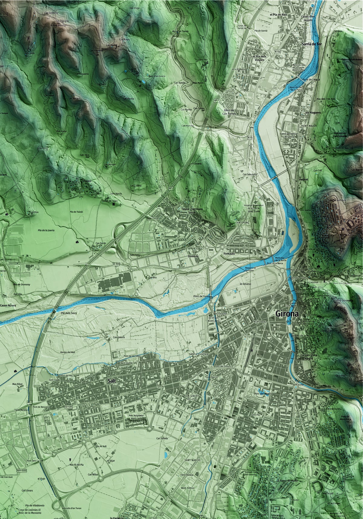 Mapa artístico del relieve de Vilablareix, al Gironès, con 15 km de entorno y base topográfica ICGC. Detalle de la zona superior derecha.
