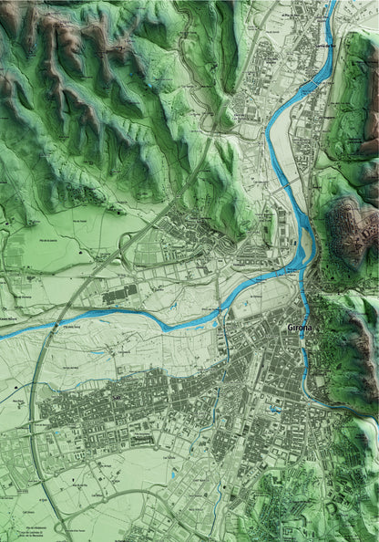 Mapa artístico del relieve de Vilablareix, al Gironès, con 15 km de entorno y base topográfica ICGC. Detalle de la zona superior derecha.