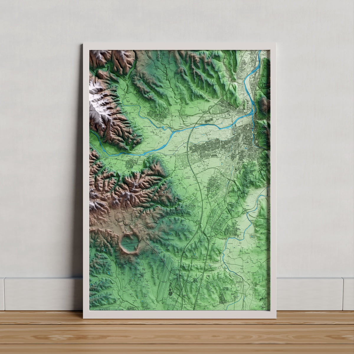 Mapa artístico del relieve de Vilablareix, al Gironès, con 15 km de entorno y base topográfica ICGC. Presentación enmarcada.