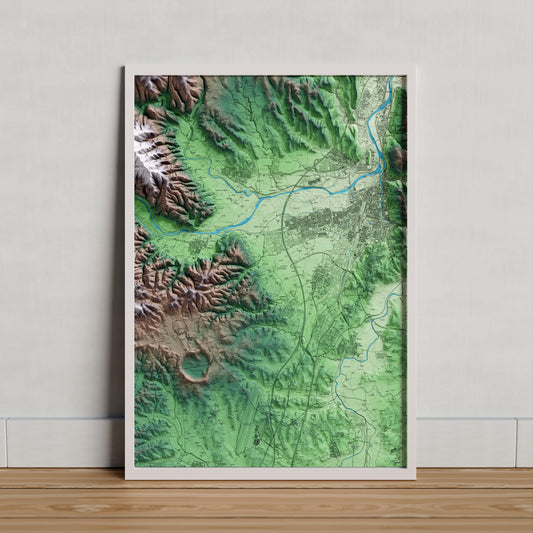 Mapa artístico del relieve de Vilablareix, al Gironès, con 15 km de entorno y base topográfica ICGC. Presentación enmarcada.