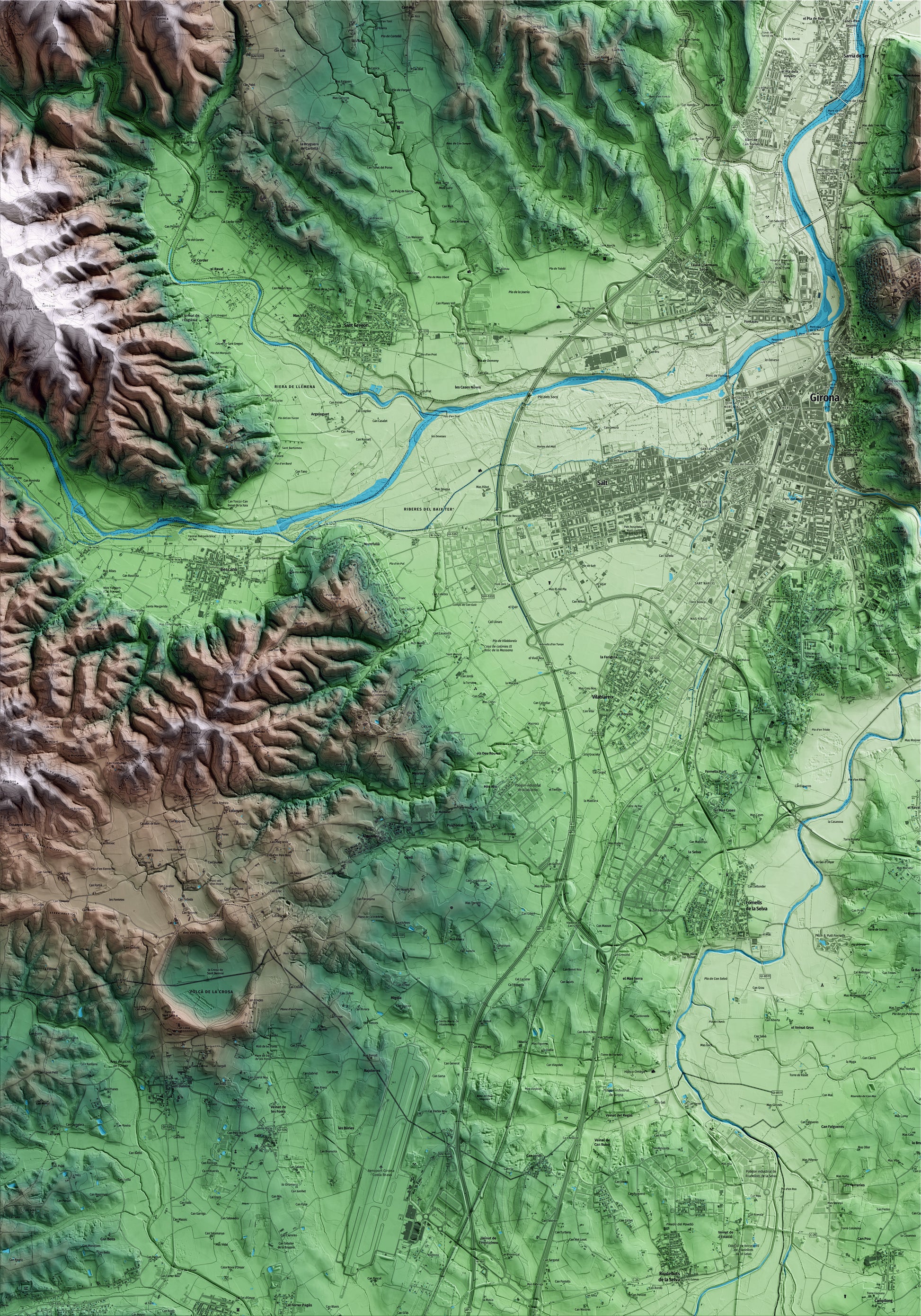 Mapa artístico del relieve de Vilablareix, al Gironès, con 15 km de entorno y base topográfica ICGC